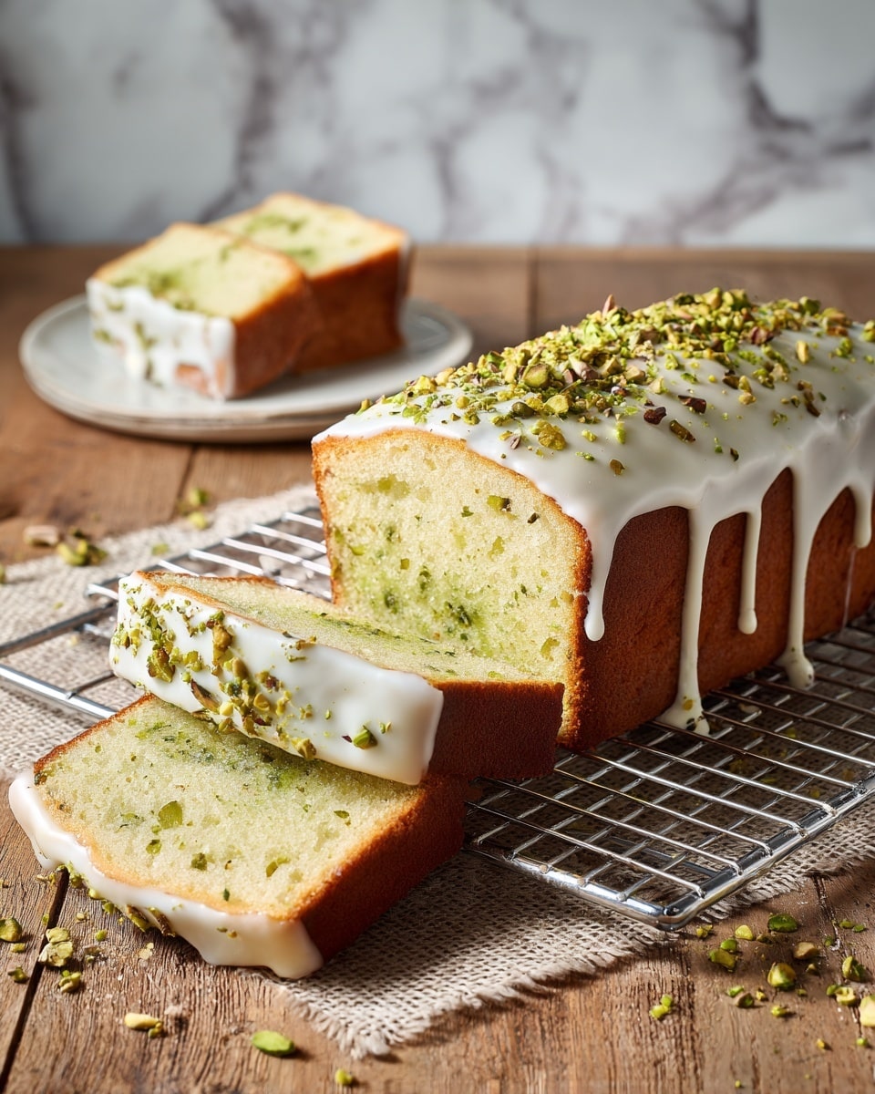 The image shows two loaves of light green cake on a wire rack resting on a brown woven cloth over a wooden table. Each loaf has a thick white icing layer on top, dripping slightly down the sides, and is topped with crushed pistachio nuts in light green and brown shades. One loaf is whole while the other is sliced into two pieces, revealing a soft, moist, pale green inside with a smooth texture. The overall look is fresh, nutty, and inviting. Photo taken with an iphone --ar 4:5 --v 7