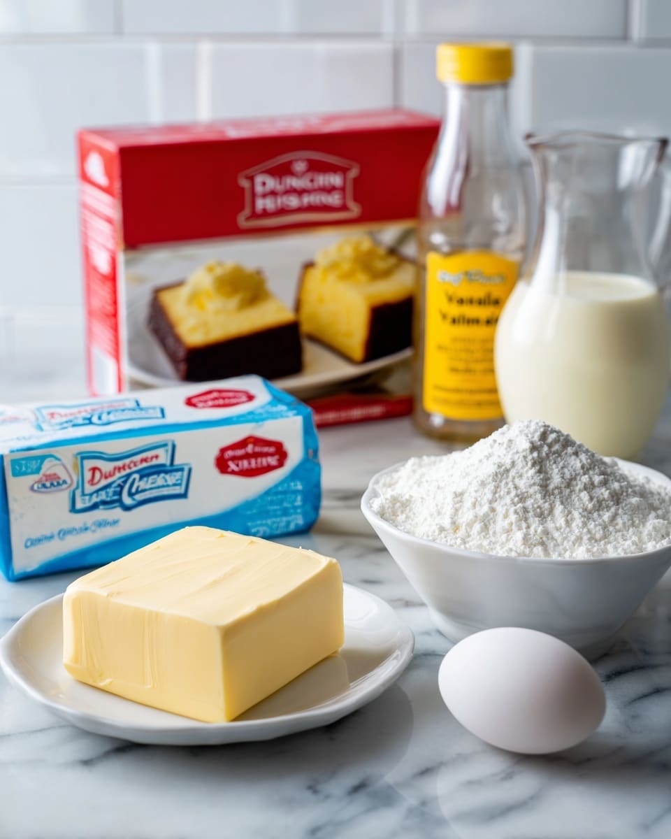 The image shows ingredients for a cake arranged on a white marbled surface. On the left, there is a small white plate with a rectangular block of pale yellow butter. In front of it, there is a white bowl filled with fine white powder, probably powdered sugar. To the right, there is a single white egg resting on the surface. Behind the egg and the bowl, there are two rectangular packages of cream cheese with white, blue, and red colors on the packaging. Next to the cream cheese, there is a clear glass bottle with a yellow label that says