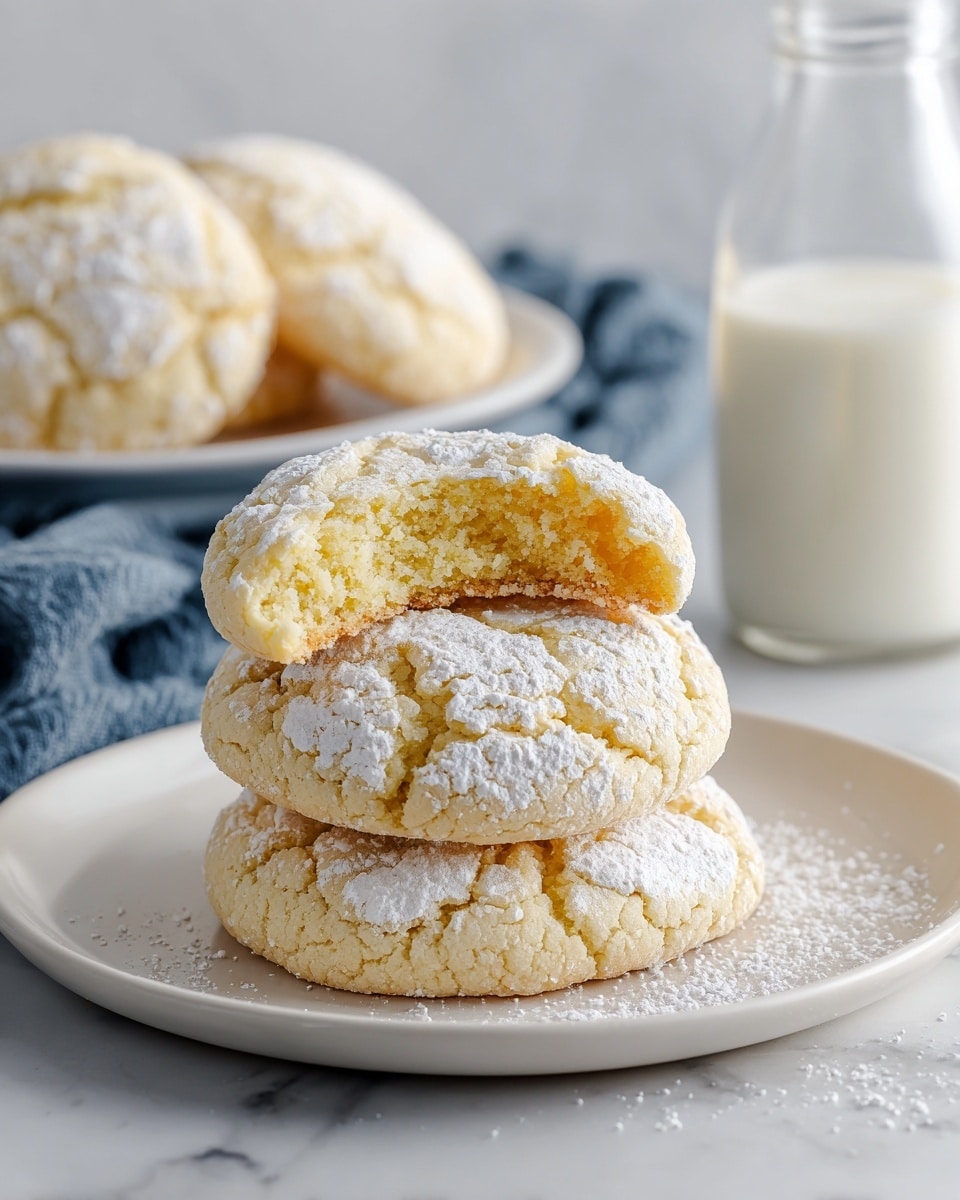 The image shows a close-up of three light yellow cookies stacked on a white plate placed on a white marbled surface. The top cookie has a missing bite, revealing a soft, crumbly inside with a slightly moist texture. The cookies are round with cracked surfaces dusted with white powdered sugar. In the background, there is another white plate with more cookies slightly out of focus and a clear glass bottle filled with milk. The scene is softly lit and has a cozy feel. Photo taken with an iphone --ar 4:5 --v 7