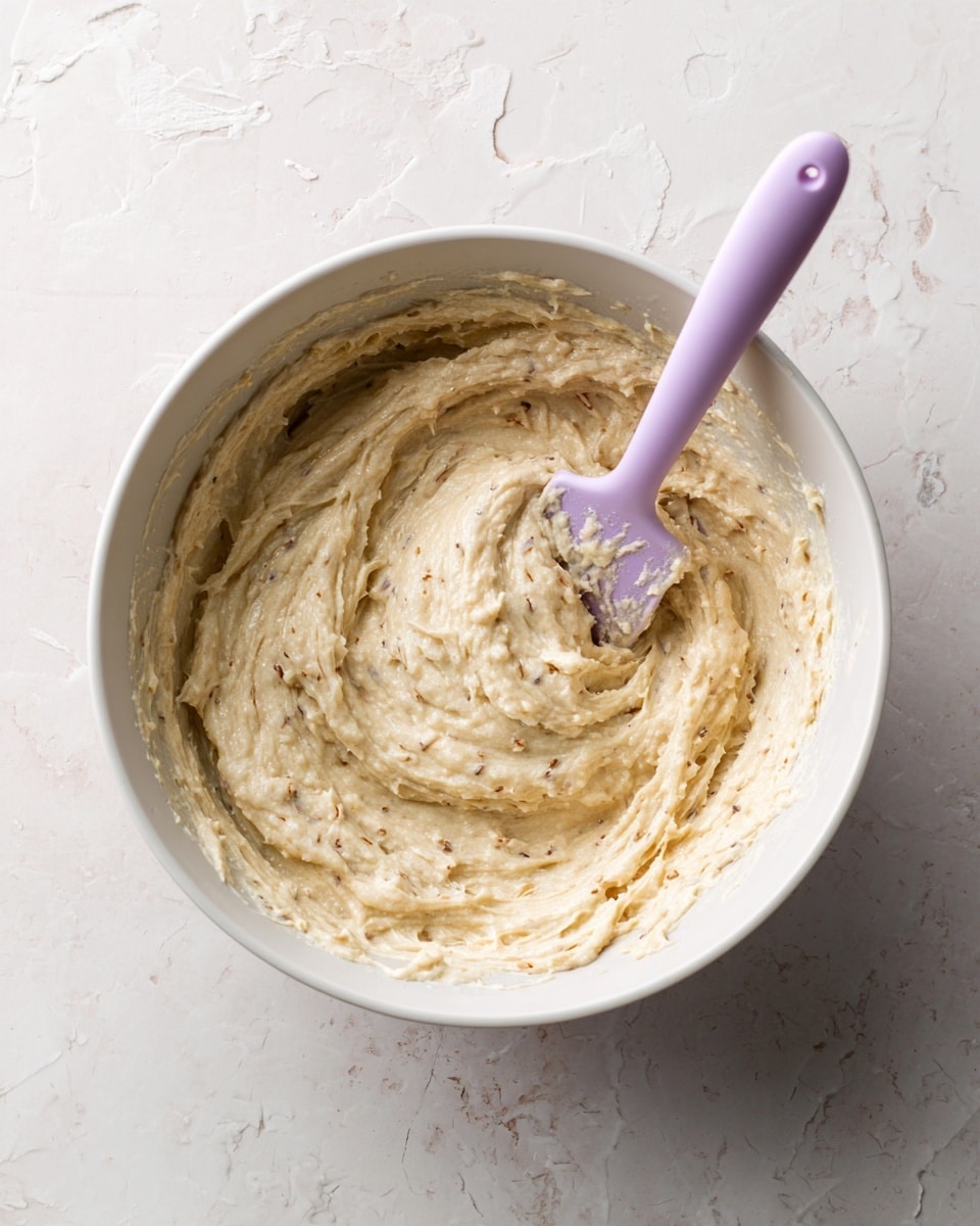 The image shows a close-up of a creamy, light beige batter with small brown chunks mixed in, visible swirling patterns showing the thick texture in a white bowl. A lavender silicone spatula is partly dipped into the batter on the right side, with some of the mixture clinging to it. The background has a white marbled texture, giving a clean look. There is one main layer of the batter filling the bowl, with a smooth yet slightly grainy texture and scattered brown bits evenly spread throughout. Photo taken with an iphone --ar 4:5 --v 7