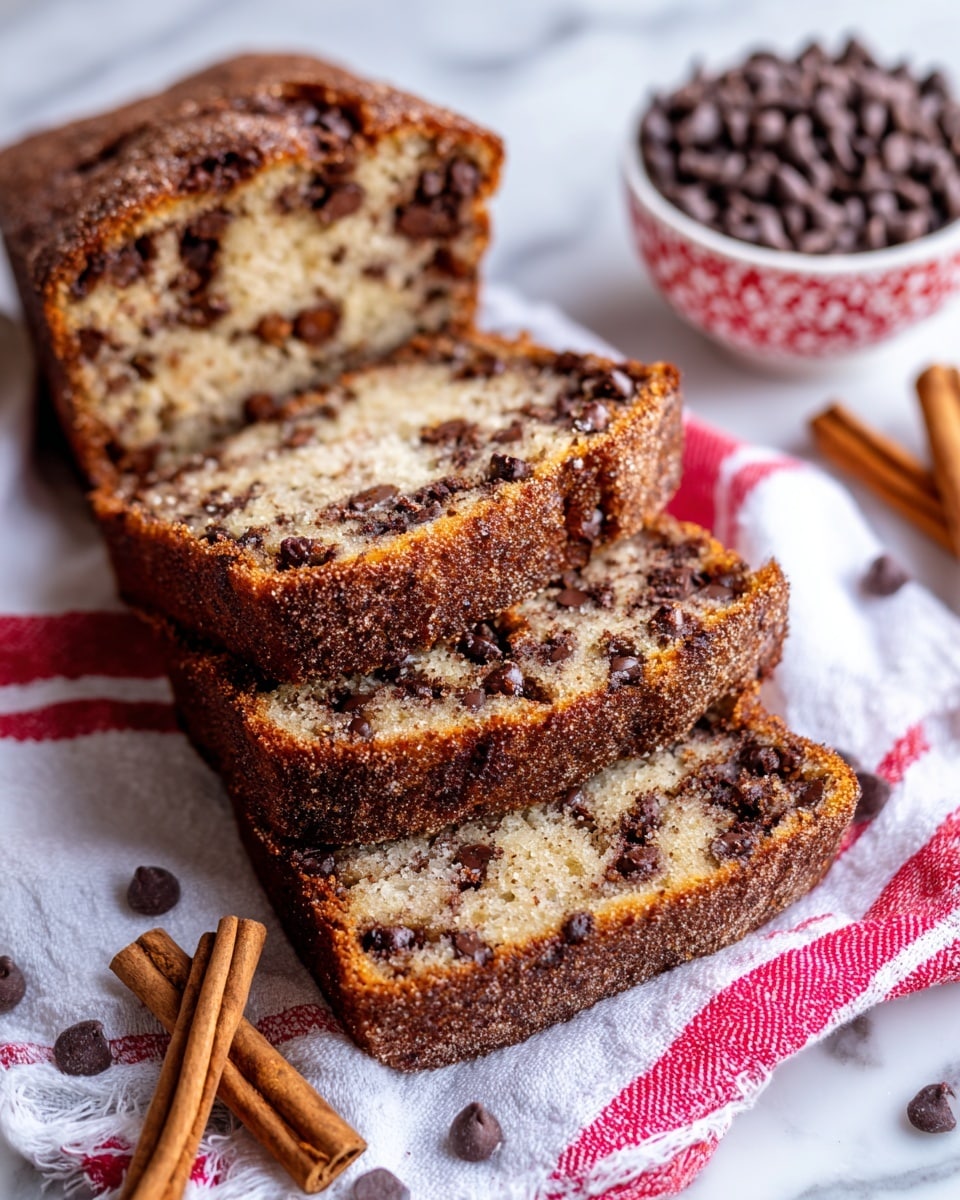 The image shows a row of six thick slices of cinnamon chip bread, each slice revealing a light beige cake with small brown cinnamon chips melted inside. The crust is golden brown with a slightly rough texture. The slices are placed closely on a white cloth with red stripes, all set on a white marbled surface. Around the bread, there are cinnamon sticks and small brown cinnamon chips scattered casually. A red bowl decorated with white patterns is slightly visible in the background. Photo taken with an iphone --ar 4:5 --v 7