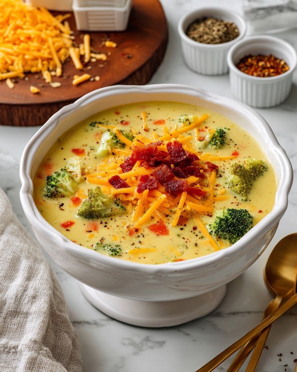 A white scalloped bowl filled with creamy yellow soup that has visible pieces of green broccoli, orange carrots, and white potatoes. On top, there is a small pile of shredded orange cheddar cheese mixed with crispy red bacon bits, sprinkled lightly with black pepper. The bowl is set on a white marbled surface, with some cheese shreds scattered around and a small wooden board on the side holding more shredded cheddar. Nearby, a striped green and white napkin holds three golden spoons, and small brown bowls with seasonings and salt are also visible. photo taken with an iphone --ar 4:5 --v 7