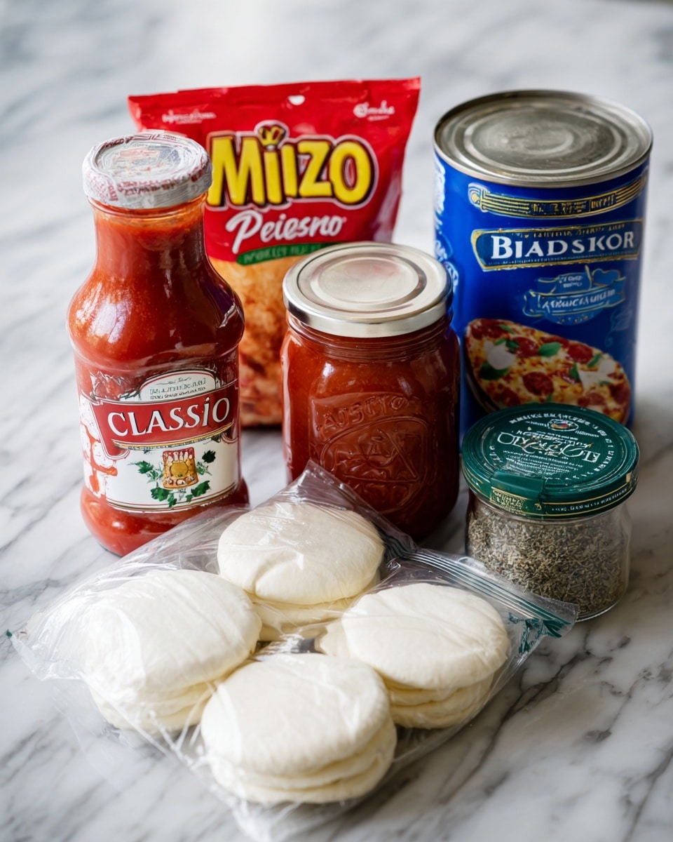The image shows ingredients for making a pizza placed on a white marbled surface. At the back, there is a red and yellow bag of mini pepperoni, a blue can of buttermilk biscuit dough, a glass jar of red Classico traditional pizza sauce with a beige lid, and a small clear glass jar with silver lid containing Italian seasoning. In front, two green-packaged stacks of sliced mozzarella cheese lay flat. The arrangement is simple and clear, with bright colors from the packaging contrasting against the white marbled surface and white tiled background, photo taken with an iphone --ar 4:5 --v 7