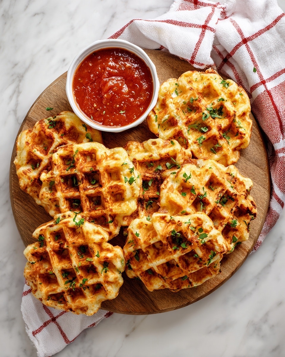 The image shows five golden brown waffles arranged in a small pile on a round wooden board placed on a white marbled surface. Each waffle has a crisp, grid pattern with slightly raised edges and some green herb sprinkles on top. Next to the waffles, there is a small white bowl filled with bright red sauce that has a thick texture and is also garnished with green herbs. A red and white checkered cloth is partially visible at the back, adding color contrast to the scene. photo taken with an iphone --ar 4:5 --v 7