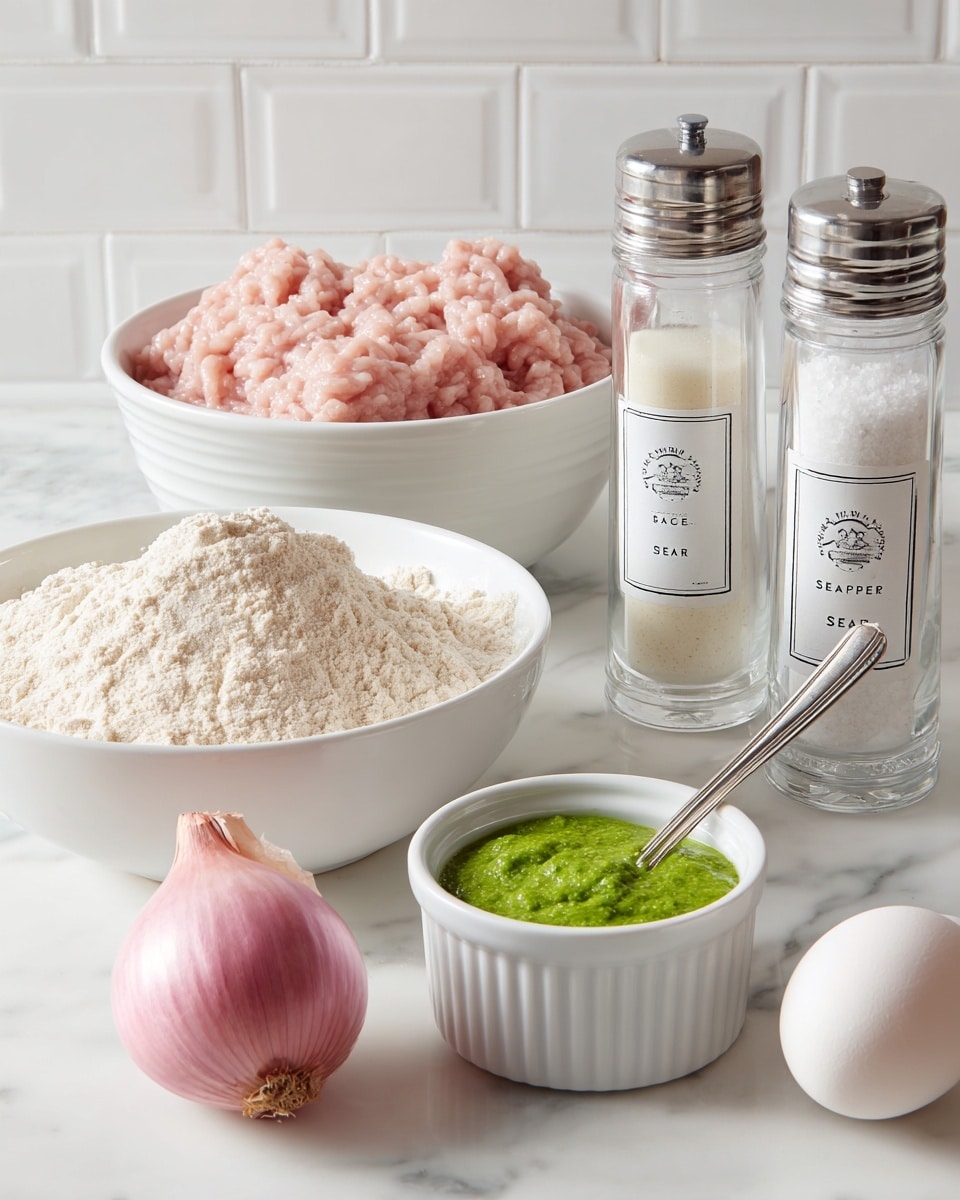 The image shows a pack of light pink ground chicken placed at the back center, with a white bowl on the left holding light beige flour and a white bowl on the right holding a similar pale powder. In front of the chicken, there is a white ramekin filled with bright green sauce or pesto, with a small silver spoon resting inside. A whole pink shallot and a white egg are positioned side by side at the front. To the right of all the ingredients, there are two clear glass shakers with metallic tops labeled