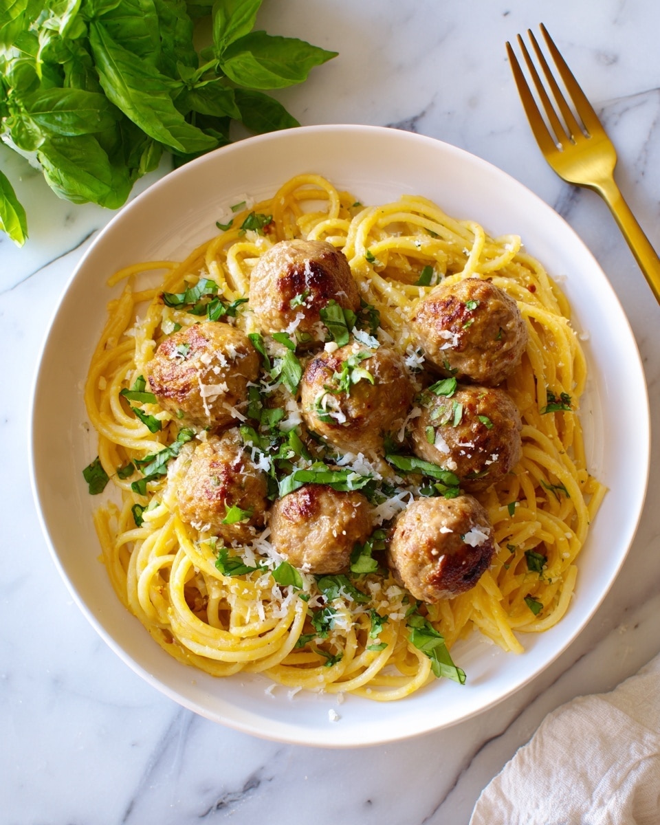 The dish shows a white shallow bowl filled with a base layer of light golden spaghetti noodles arranged in a loose spiral. On top, there are seven round meatballs with a slightly browned, textured surface, each spaced evenly over the noodles. Bright green thin strips of fresh basil leaves are scattered over the meatballs and pasta, along with a fine sprinkling of grated white cheese. The bowl is placed on a white marbled surface, with a silver fork positioned to the right of the bowl and fresh green basil leaves in the background. photo taken with an iphone --ar 4:5 --v 7
