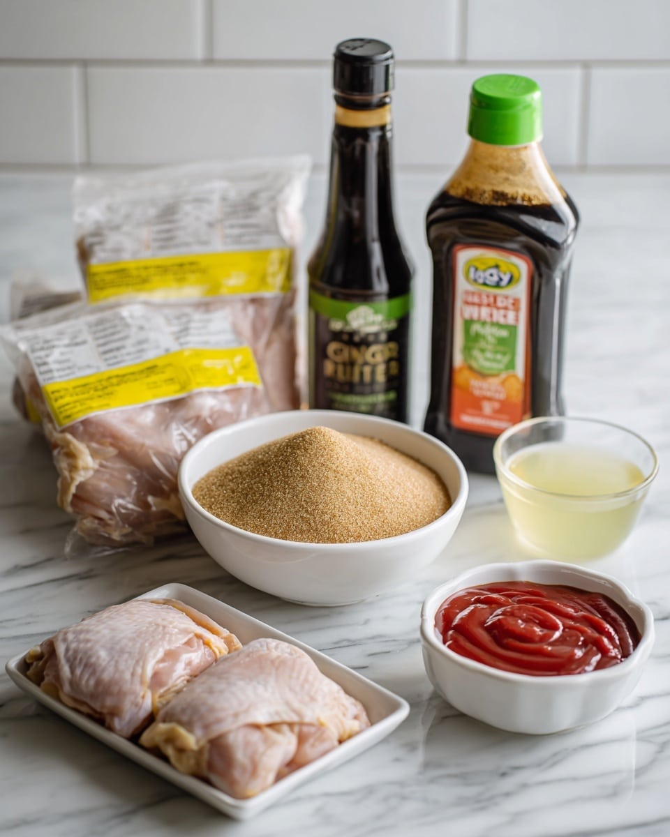 The image shows several cooking ingredients arranged on a white marbled surface. On the left, there are two vacuum-sealed packs of raw chicken thighs with yellow and white labels. In the center, there is a large white bowl filled with light brown sugar, in front of it a small square white dish with a small amount of the same brown sugar. To the right, a white bowl contains bright red ketchup. Behind the bowls, there is a tall dark bottle of Kroger Lite soy sauce with a black cap. Next to it is a tube of ginger paste with a light green and orange label standing upright. On the far right, there is a small clear measuring cup holding a pale yellow liquid, likely lemon juice. The background consists of white subway tiles. Photo taken with an iphone --ar 4:5 --v 7