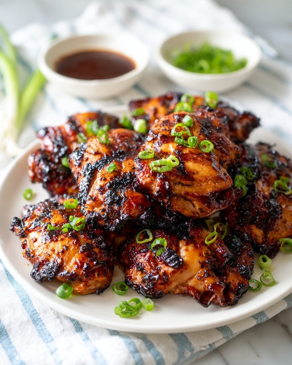 The image shows a white plate full of grilled chicken thighs with dark brown char marks and a shiny glaze, stacked in a slightly messy pile. The chicken pieces have a mix of light and dark brown colors with some green chopped scallions sprinkled on top. The plate is on a soft striped cloth, and in the background, there are two small white bowls, one with a dark sauce and one with more chopped green scallions. The whole scene sits on a white marbled surface. photo taken with an iphone --ar 4:5 --v 7