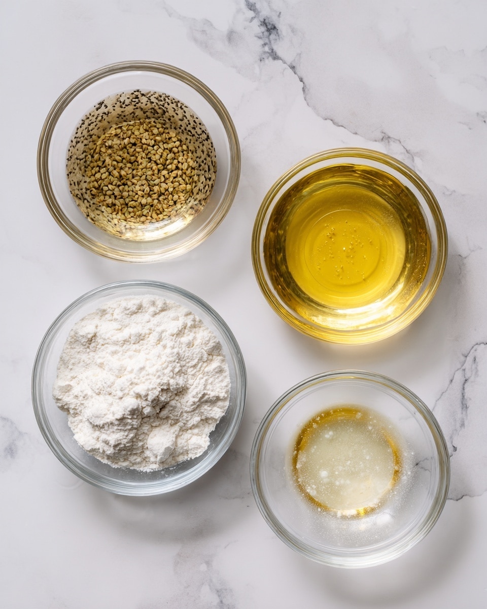 The image shows four clear glass bowls placed on a white marbled surface, each containing different ingredients. The top left bowl (1) has a mixture of tiny brown seeds and translucent liquid, creating a speckled texture. The top right bowl (2) holds a light golden-yellow clear liquid. The bottom left bowl (3) is filled with a white powdery substance, likely flour, with a small mound in the center. The bottom right bowl (4) contains the same white powdery ingredient as the previous bowl, but with a small pool of foamy light amber liquid in the middle, creating contrast between the dry and wet textures. photo taken with an iphone --ar 4:5 --v 7
