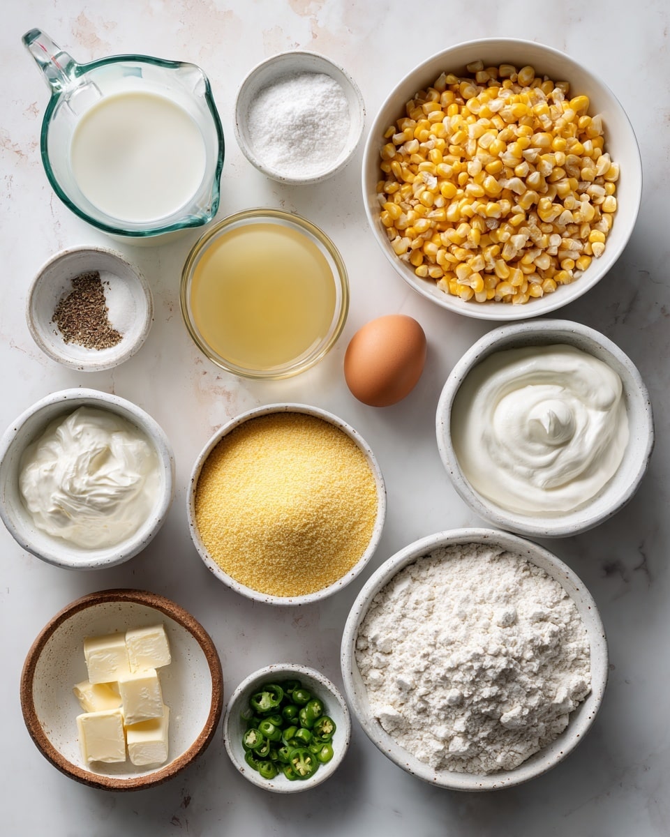 A top-down view of eleven small white bowls and one clear glass measuring cup arranged on a white marbled surface. The largest bowl at the top right is full of yellow corn kernels. Below and to the right is a white bowl with white flour, and next to it a white bowl with white sour cream. Centered on the lower half is a white bowl of yellow cornmeal. Below to the left is a small rustic bowl holding two brown eggs. Above this is a small glass bowl of off-white heavy cream. Moving up on the left side is a round glass bowl of melted golden yellow butter. At the top left is a clear measuring cup filled with ivory milk. Scattered near the center are small white bowls containing white sugar, green chopped jalapeños in a brown-rimmed bowl, and a white bowl with white salt and brown ground nutmeg. Photo taken with an iphone --ar 4:5 --v 7