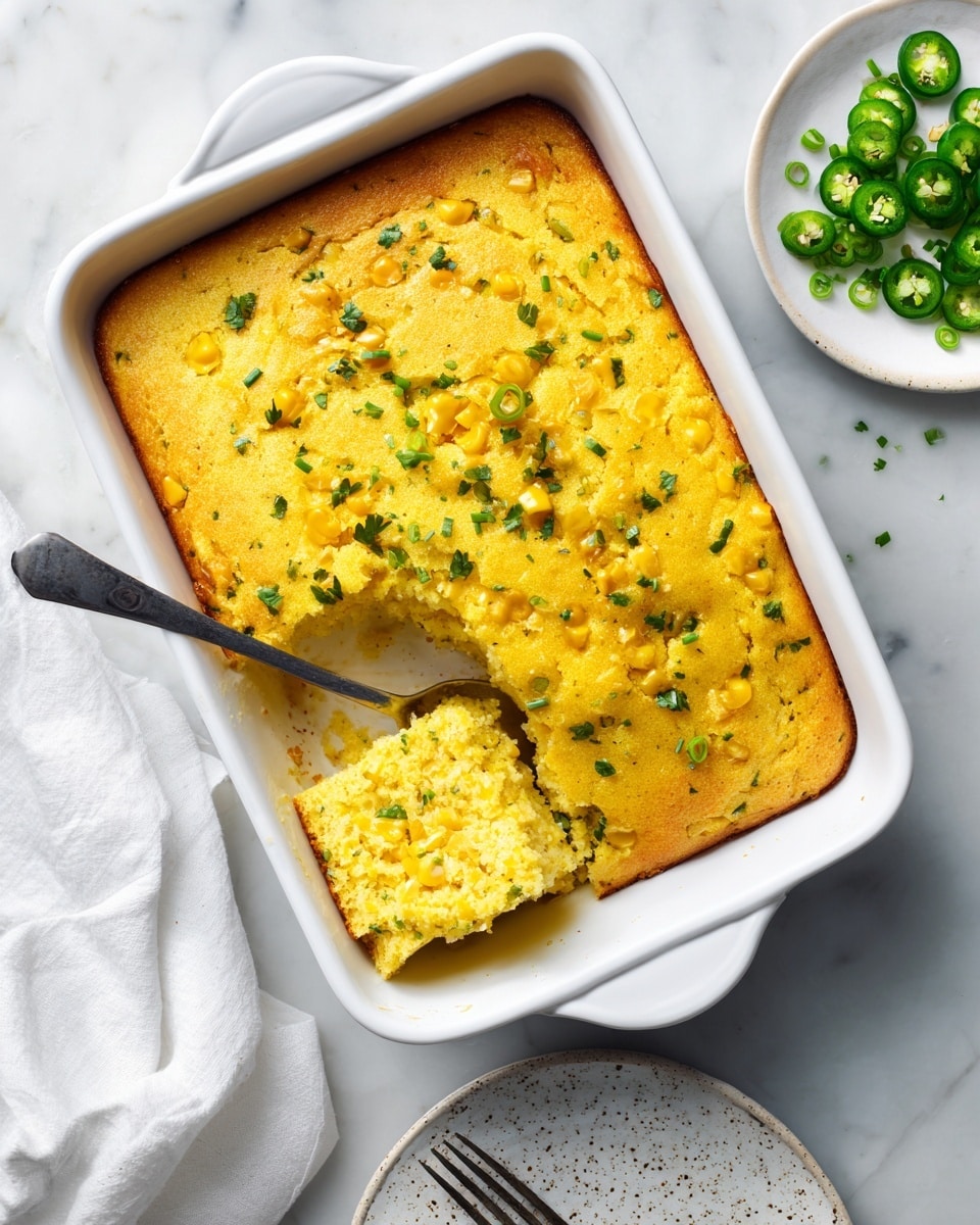 A white baking dish filled with a single thick layer of golden corn casserole mixed with visible green herbs and whole corn kernels, with a square piece scooped out on the bottom right side using a metal spoon. Next to the baking dish is a small white plate with chopped green peppers, all placed on a white marbled surface with a soft white cloth underneath. In the lower part of the image, part of a white plate and a woman's hand holding a fork are visible. Photo taken with an iphone --ar 4:5 --v 7