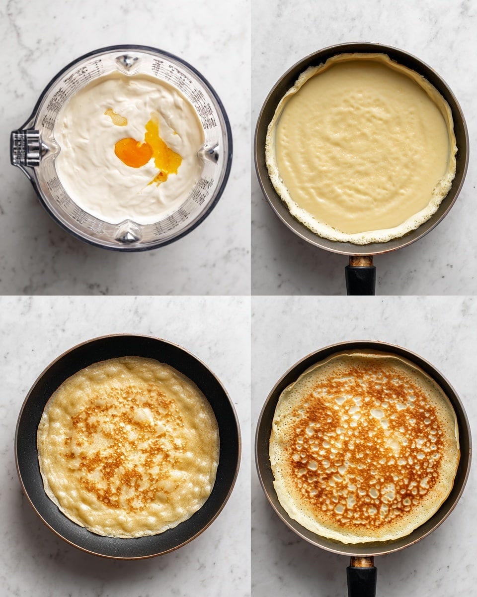 The image shows four steps in making a crepe. In the first step, a blender container holds white creamy batter with a small dollop of orange near the bottom and some yellow streaks in the middle, with measurement markings on the container. In the second step, the batter is smooth and pale yellow, filling about half the blender container. The third step shows a thin layer of pale crepe batter cooking in a black non-stick pan, with bubbles forming and edges starting to set. In the last step, a light golden crepe with lacy, uneven golden patterns covers the pan, mostly cooked on one side. The background is a white marbled texture. photo taken with an iphone --ar 4:5 --v 7