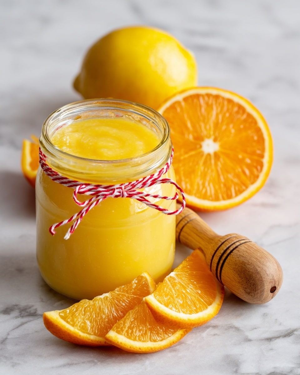 A small clear glass jar filled to the top with thick, bright yellow smooth orange marmalade. Around the neck of the jar is a red and white string tied into a bow. Behind the jar, there are whole and halved oranges with a bright orange color and a textured rind, placed on a white marbled surface. On the right side of the jar, there is a wooden citrus juicer with a rounded end and ridges. In front of the jar, there are orange slices arranged in a slight curve showing the juicy, bright orange flesh. photo taken with an iphone --ar 4:5 --v 7