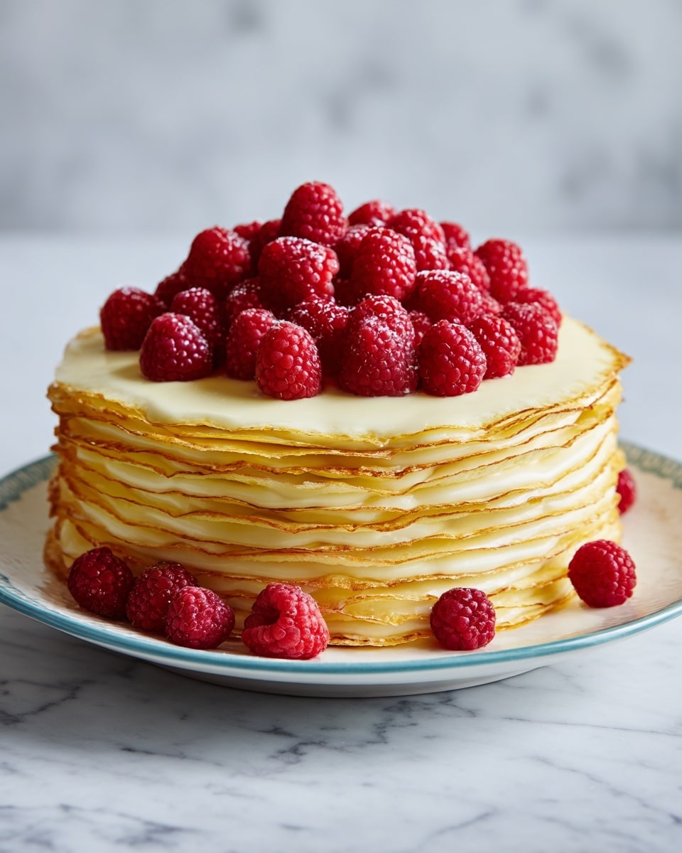 A tall crepe cake with about 20 thin pale yellow layers stacked neatly, each separated by a light cream filling. The top layer is smooth and golden brown, dusted lightly with powdered sugar. A pile of fresh, bright red raspberries sits on top, spilling slightly onto the side. A few raspberries also lie on the white plate around the cake. The cake is on a white marbled surface. photo taken with an iphone --ar 4:5 --v 7