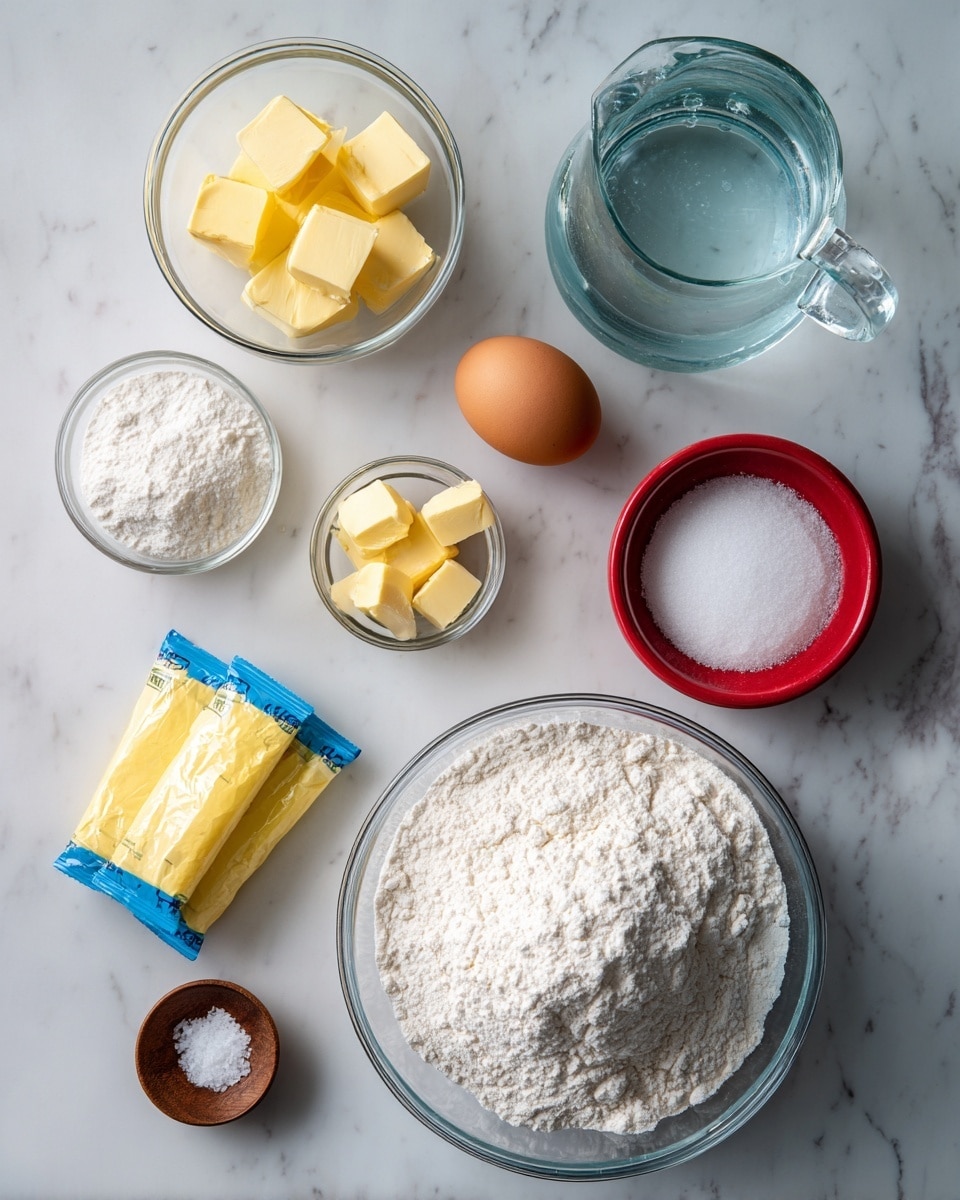 A top view of baking ingredients arranged neatly on a white marbled texture surface, featuring a large clear glass bowl filled with a mound of white flour at the bottom right, two yellow and blue yeast packets positioned at the bottom left, a whole brown egg above the yeast packets, a small glass bowl with three chunks of yellow butter placed near the top left, a clear glass measuring jug filled with water at the top right, a small red bowl filled with white sugar below the jug, and a tiny wooden bowl of salt near the sugar bowl photo taken with an iphone --ar 4:5 --v 7