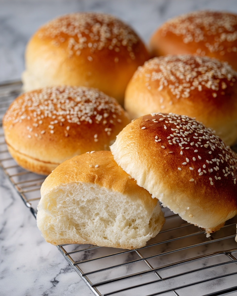 The image shows golden brown sesame seed buns that are soft and fluffy. Each bun has two layers: a smooth, shiny, rounded top sprinkled with white sesame seeds, and a thicker, lighter colored bottom layer with a pillowy texture. They rest on a wire rack against a white marbled texture background, highlighting their fresh and warm look. Photo taken with an iphone --ar 4:5 --v 7