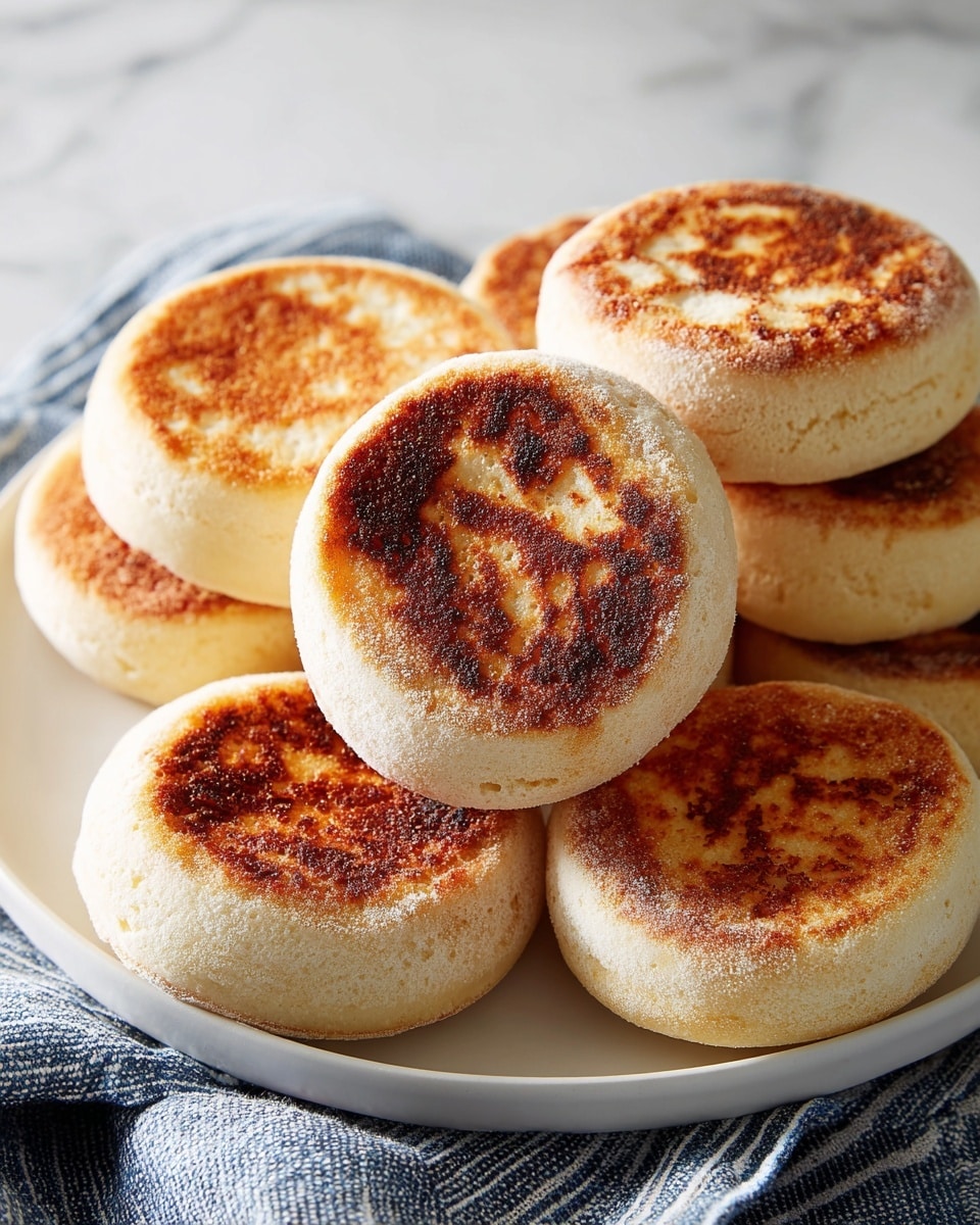 A close-up view of a stack of seven thick, round English muffins with a golden brown toasted top and a pale, soft side. They are arranged in layers, some leaning on each other, resting on a white plate lined with a gray and white striped cloth. The muffins have a slightly rough and grainy texture on the toasted top and a smooth, pale edge. The background shows a white marbled surface. photo taken with an iphone --ar 4:5 --v 7