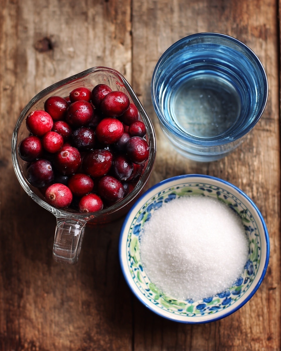 The image shows three clear containers on a wooden surface: one glass measuring cup filled with fresh dark red cranberries on the left, a small clear glass cup filled halfway with water in the center, and a white bowl with blue and green patterns around the rim filled with white granulated sugar on the right. The background is plain wooden texture. photo taken with an iphone --ar 4:5 --v 7