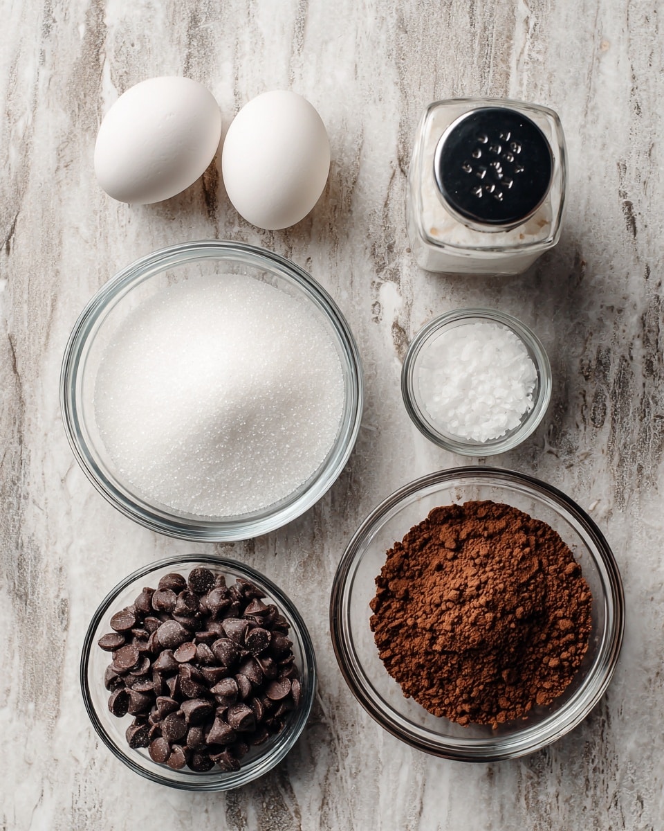 The image shows a collection of cooking ingredients arranged on a white marbled surface. There are two whole white eggs placed close together near the top left. Below the eggs on the left side is a clear glass bowl filled with white granulated sugar. Next to the sugar and slightly to the right are two small spice containers: one with cream of tartar and the other with sea salt in a taller container with a black top. On the right side of the image, there are two clear glass bowls; the top one filled with brown powder, likely cocoa powder, and the bottom one filled with dark chocolate chips. The background texture is rustic, grayish wood but is changed to white marbled for the description. photo taken with an iphone --ar 4:5 --v 7