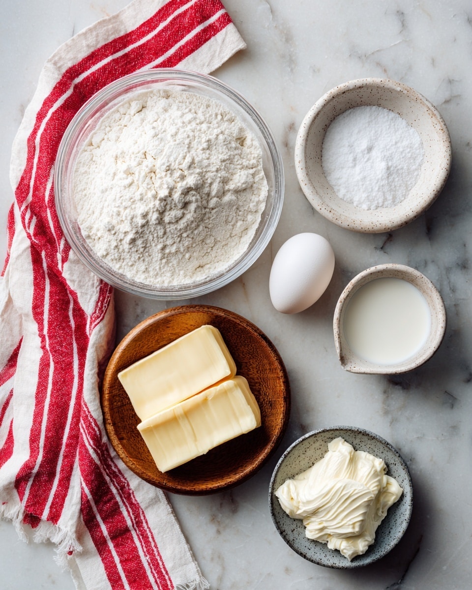 A top view of six ingredients arranged on a white marbled surface: a clear glass bowl filled with white flour, a white egg, a small white speckled bowl with white powder (likely salt), a wooden bowl filled with milk, a small white bowl containing two pieces of pale yellow butter, and a small gray bowl with white, fluffy cream. A red cloth with white stripes is folded and placed on the left side of the image. photo taken with an iphone --ar 4:5 --v 7