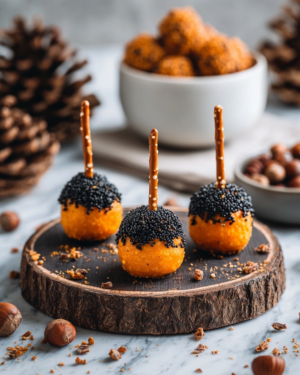 The image shows a close-up of four small treats shaped like acorns placed on a round wooden board. Each treat has an orange, smooth, shiny base that resembles an acorn nut, with the top part dipped in dark chocolate sprinkles, giving a rough texture. A small stick is inserted vertically into the top of each treat, acting like the acorn’s stem. Around the wooden board, there are scattered pine cones and hazelnuts set on a white marbled surface. In the background, a white bowl filled with more of the orange treats is visible, and a woman's hand is seen holding a wooden spoon on the left side. The whole scene has a cozy, rustic autumn feel. photo taken with an iphone --ar 4:5 --v 7