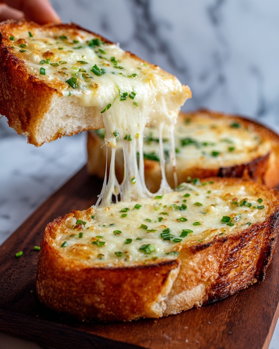A close-up image of a slice of cheesy garlic bread being lifted by a woman's hand from two other slices on a wooden board. The bread has a thick, golden crust at the edges and is topped with melted cheese that stretches in strands from the pulled slice. The cheese layer is a mix of white and light yellow colors, with small pieces of green herbs sprinkled on top, giving a fresh look. The melted cheese has a slightly browned, bubbly texture, covering the entire surface of the thick, soft bread underneath. The background shows a white marbled texture and a blurred silver kitchen appliance. Photo taken with an iphone --ar 4:5 --v 7