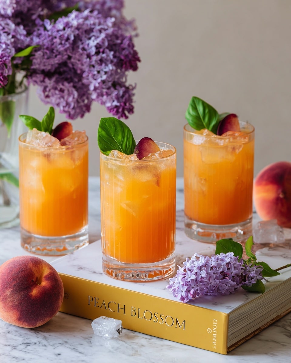The image shows three clear glasses filled with a light orange drink, each containing a dark red peach slice and topped with fresh green basil leaves. The drink layers include a transparent liquid with bubbles near the top, a thick peach slice floating in the middle, and fresh basil leaves resting on the rim. The glasses are placed on a worn yellow book with dark text, and small purple flowers lie near the base. Behind the glasses, ripe peaches add a soft red and orange color, set against a white marbled surface. Photo taken with an iphone --ar 4:5 --v 7