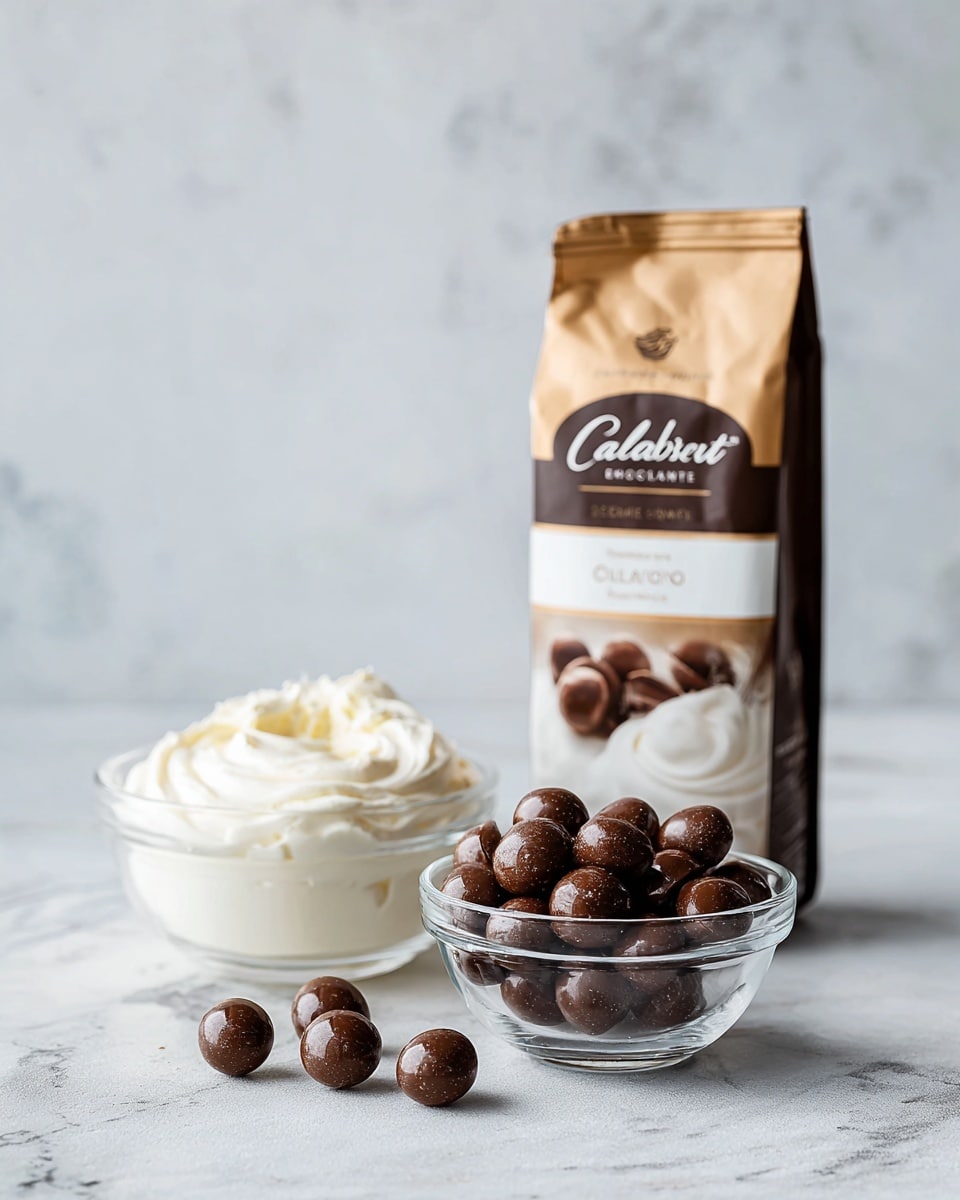 The image shows a brown and white bag of Callebaut Finest Belgian Chocolate standing upright on a white marbled surface. In front of the bag, there are two clear glass bowls: the bowl closer to the bottom left corner is filled with white cream, smooth and thick in texture, while the bowl in the middle contains small, round milk chocolate pieces, shiny and dark brown in color. The background is light gray with a subtle texture. The photo taken with an iphone --ar 4:5 --v 7