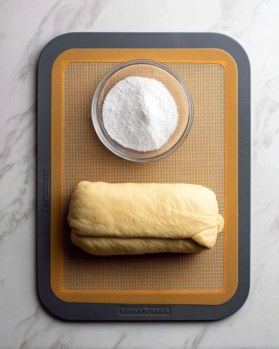 The image shows a smooth dough folded into a thick rectangle at the bottom of a silicone baking mat, which has a honey-brown texture and a dark gray border. Above the dough, there is a small clear bowl filled with white granulated sugar, centered on the mat. The whole setup lies on a white marbled surface. photo taken with an iphone --ar 4:5 --v 7
