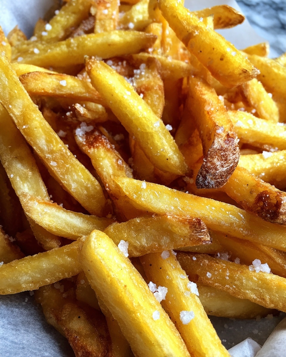 A close-up view of a pile of golden yellow fries with some pieces showing textured brown edges of the potato skin, scattered unevenly across a white marbled surface, light salt flakes visible on top, the fries look crispy with a mix of smooth and rough surfaces, no plate or bowl visible, photo taken with an iphone --ar 4:5 --v 7