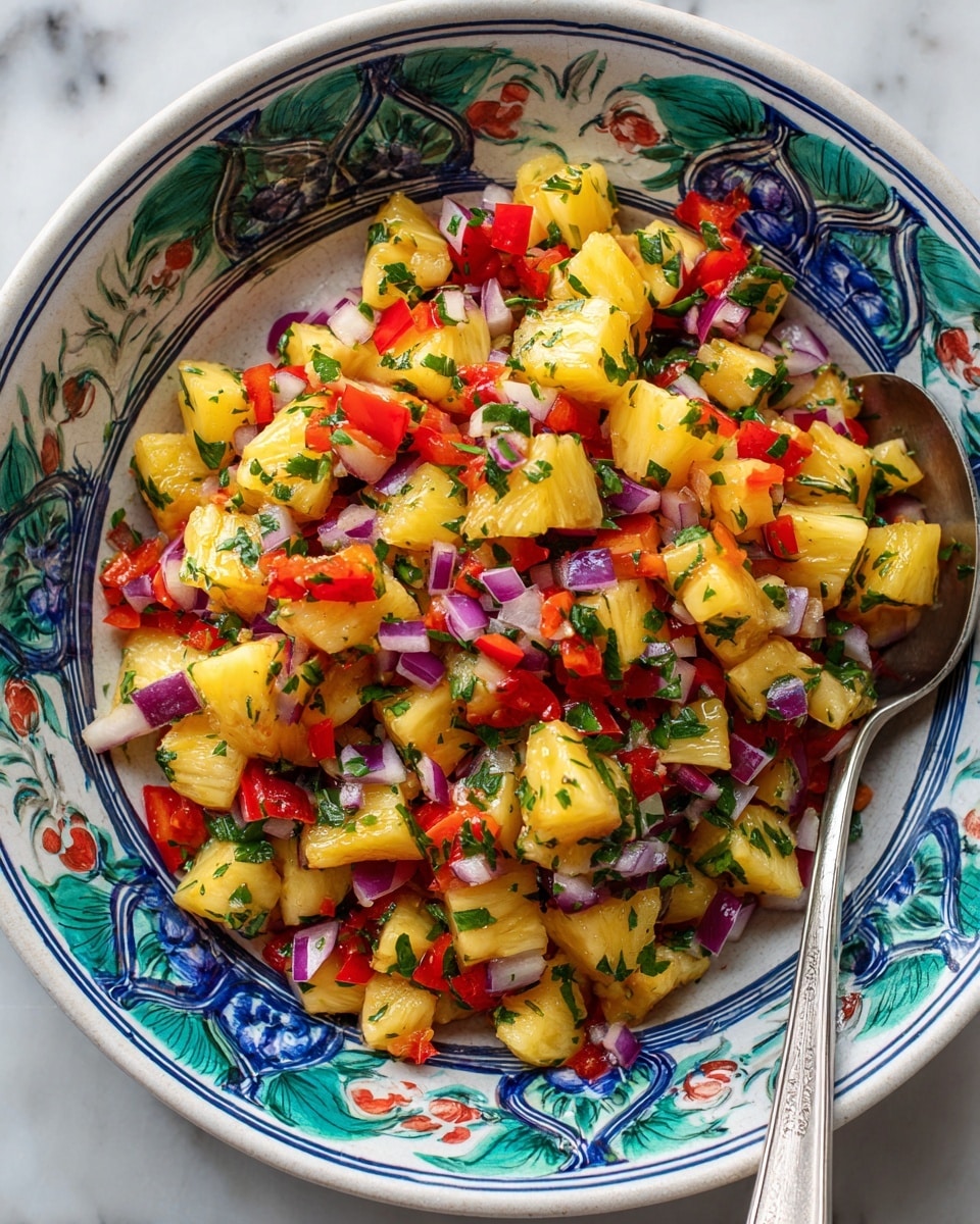 A close-up view of a colorful salsa in a white bowl with blue and green floral designs, filled with three main layers: the base layer of bright yellow pineapple chunks, the middle layer of vibrant red bell pepper cubes, and the top layer of finely chopped green herbs and small pieces of purple onion, mixed evenly to show a fresh texture. A metal spoon is placed inside the bowl on the right side, and the background is a white marbled surface. Photo taken with an iphone --ar 4:5 --v 7
