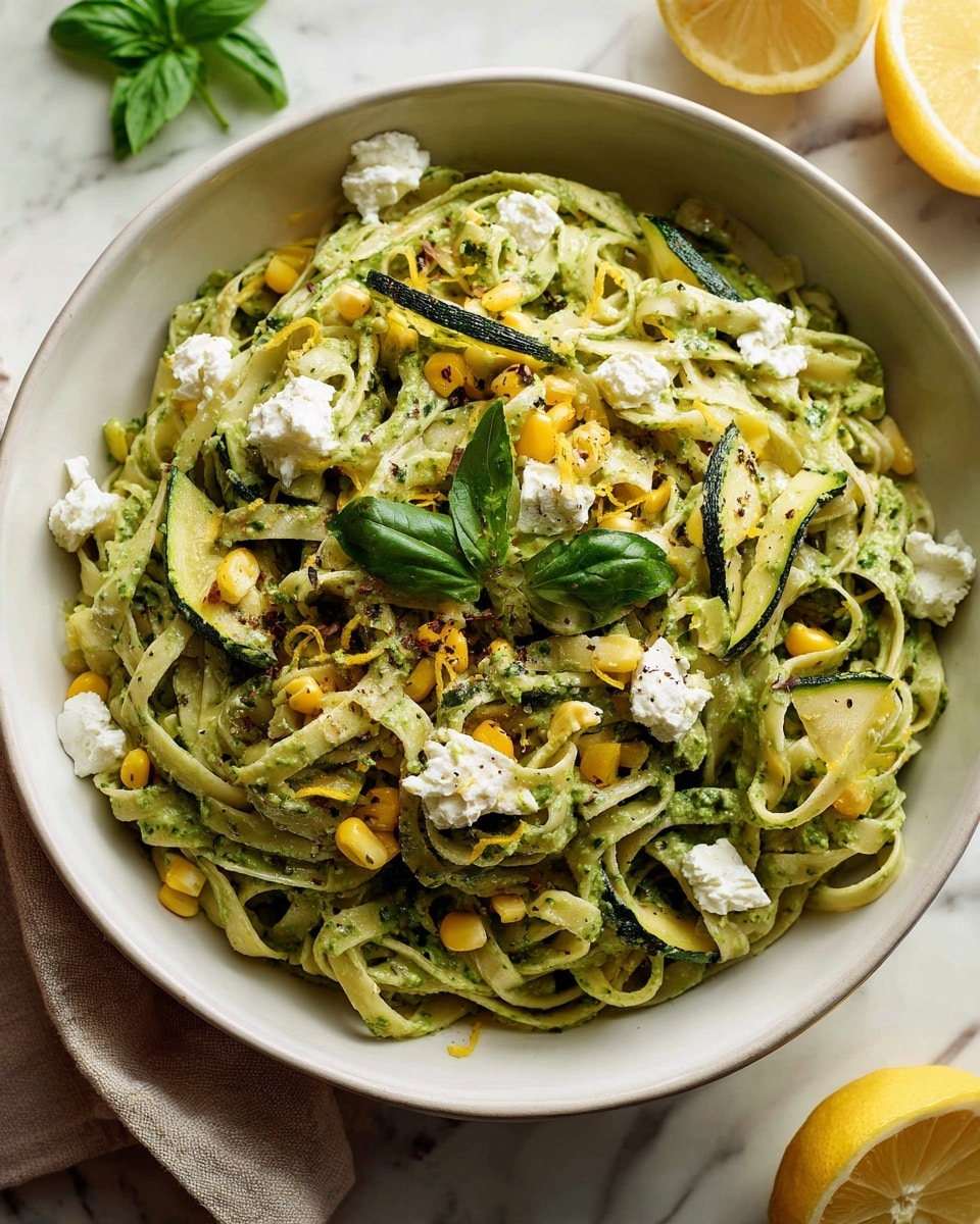 A white bowl filled with three layers of food is placed on a white marbled surface. The bottom layer is creamy green sauce coating thick, flat pasta noodles. On top, there are small, bright yellow corn pieces and fresh light green zucchini slices scattered around. The top layer has dollops of white soft cheese and thin strips of dark green basil leaves, with tiny bits of lemon zest sprinkled over everything. In the background, there is half a lemon and a piece of beige cloth. photo taken with an iphone --ar 4:5 --v 7