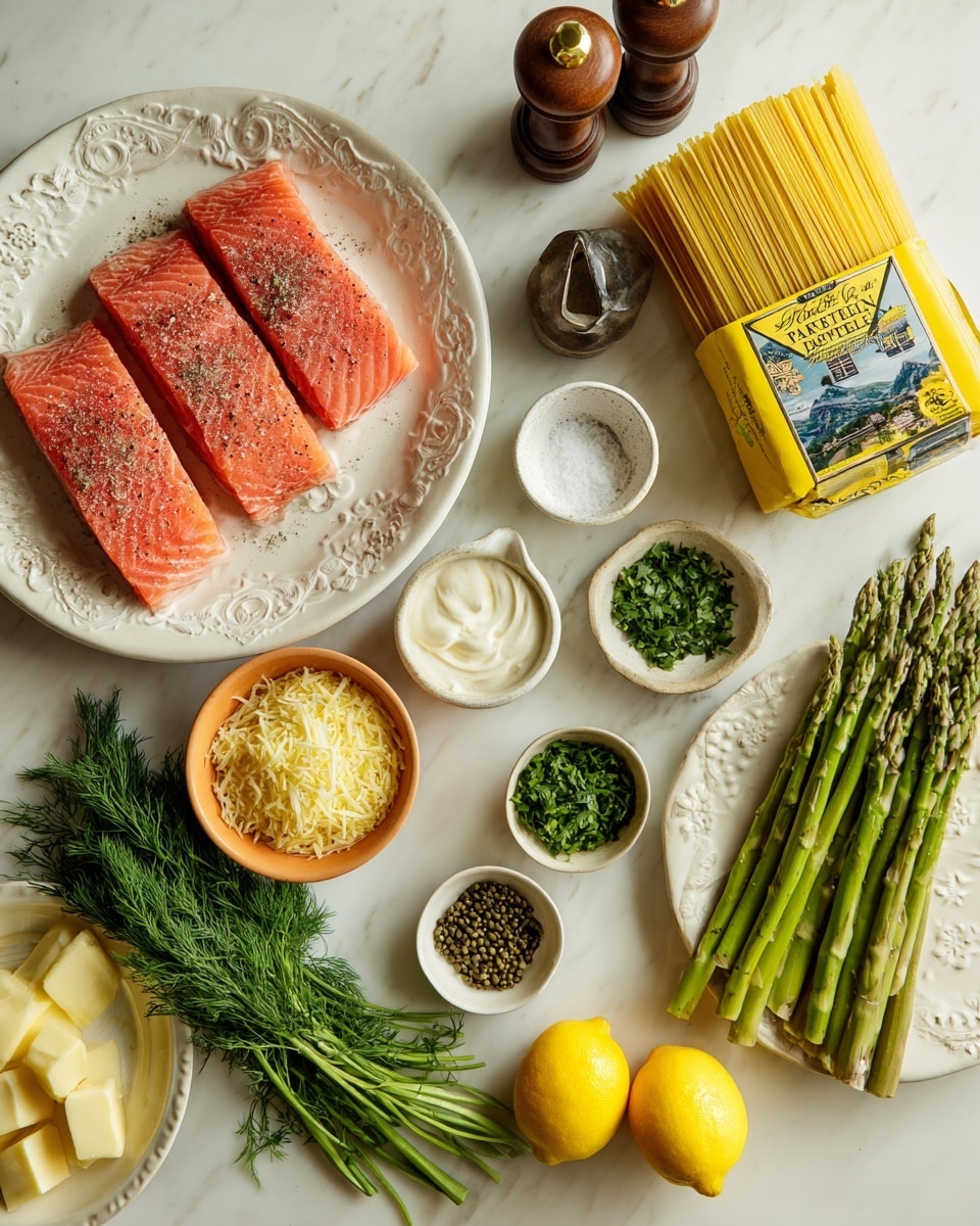 The image shows an overhead view of several colorful ingredients arranged neatly on a white marbled surface. In the top left, four thick pieces of pink smoked salmon with a dark seasoned edge are placed on a white patterned plate. To the right, there is a yellow package of pappardelle pasta with clear text and images, and beside it, a black pepper grinder and small wooden bowls filled with salt and pepper. Below the salmon, a bunch of fresh green dill lies next to a small orange bowl of grated parmesan cheese. Next to that, several small white bowls hold green capers, chopped parsley, minced garlic, and chopped chives. Two bright yellow lemons are placed near the center. On the right side, a white patterned plate holds a bundle of fresh green asparagus spears. At the bottom left, there are pieces of light yellow butter on a white round plate, and a clear glass pitcher with creamy white heavy cream sits nearby. photo taken with an iphone --ar 4:5 --v 7