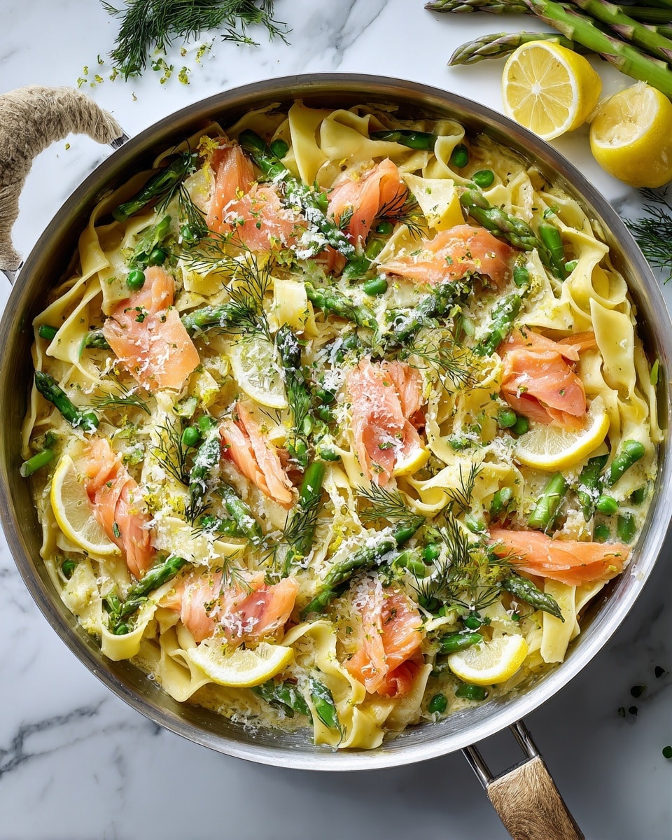 A stainless steel pan filled with about three layers of wide, light yellow pasta ribbons twisted and mixed in a creamy sauce, topped with bright green asparagus tips and stalks scattered evenly. On top of the pasta and asparagus, there are thin slices of light pink smoked salmon placed in small clusters. Bright yellow lemon zest and a few thin lemon slices rest on the side near the back handle of the pan. Sprinkled over the entire dish are finely chopped green chives, small dark green dill sprigs, and some grated pale yellow cheese. The background is a white marbled surface. photo taken with an iphone --ar 4:5 --v 7