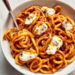 Romesco Sauce Pasta with Burrata, Lemon Basil Breadcrumbs, and Toasted Garlic Recipe