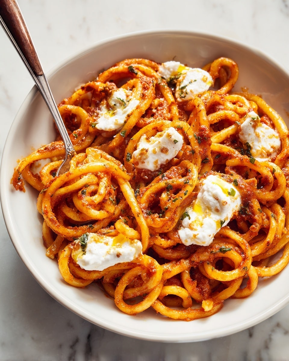 A close-up view of a white bowl filled with curly pasta covered in a red-orange sauce with small green herb bits mixed in. On top of the pasta, there are five dollops of soft white cheese with a drizzle of yellow oil on each. A spoon with a wooden handle and metal scoop rests in the middle of the bowl, slightly pushing into the pasta. The bowl is placed on a white marbled surface. photo taken with an iphone --ar 4:5 --v 7