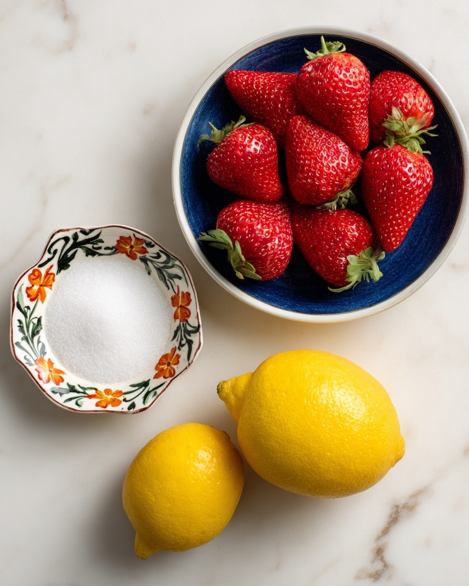 A bright yellow lemon sits in the front on a white marbled surface, behind it is a small white dish with green, orange, and black floral patterns filled with white granulated sugar, positioned to the left. To the right, there is a white plate with a deep blue inside holding a pile of fresh red strawberries with green tops, filling the plate completely. The image is clean and simple with a focus on the fresh fruit and sugar ingredients. photo taken with an iphone --ar 4:5 --v 7
