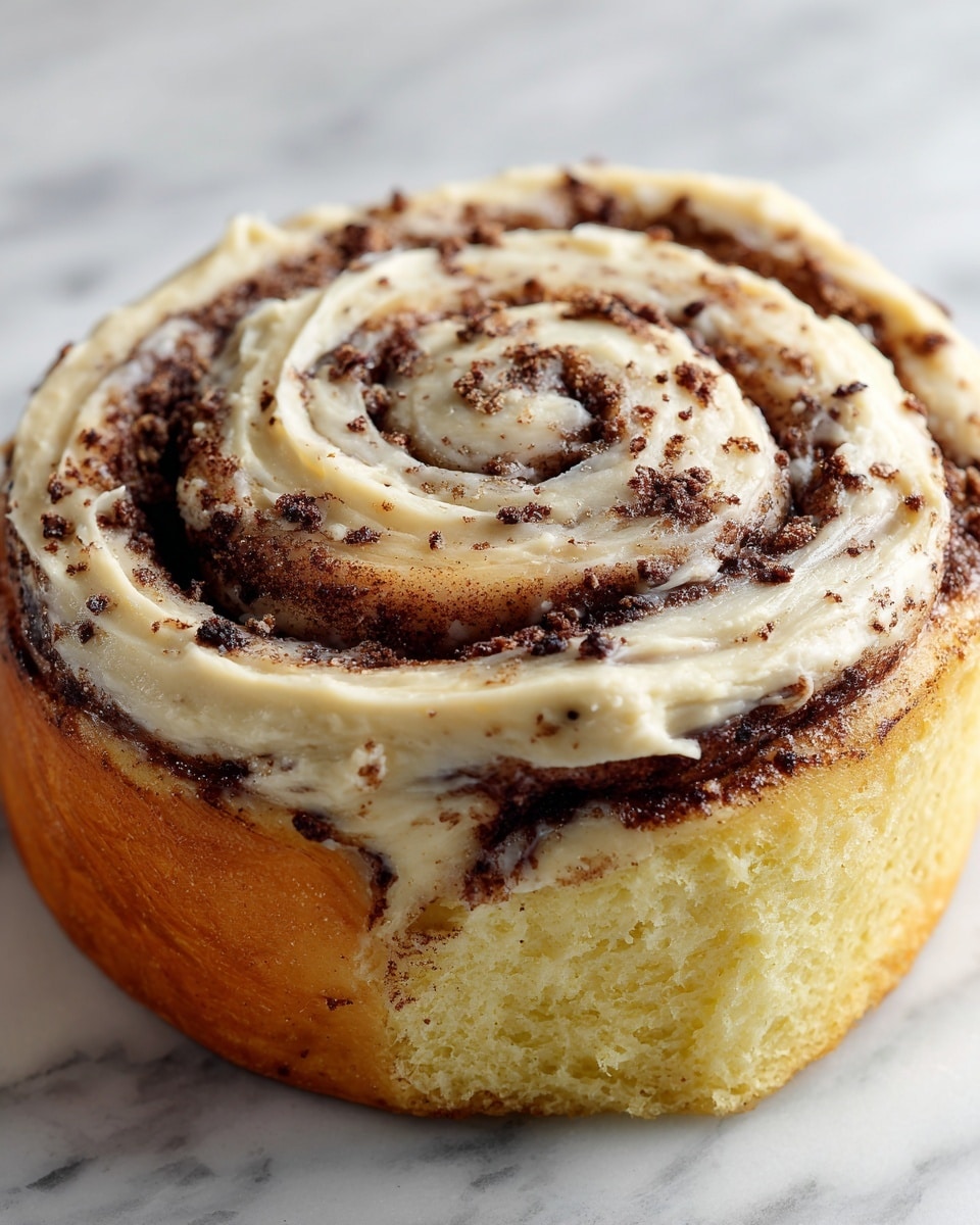 A close-up view of a baked cinnamon roll with one piece pulled slightly away from the main roll, showing soft, fluffy, light yellow dough inside mixed with dark brown, cinnamon-speckled swirls. The top layer is covered with a thick, creamy, golden-brown icing that looks smooth and glossy, with some dripping slightly down the sides. The cinnamon roll rests on a white marbled surface with a few crumbs scattered around. photo taken with an iphone --ar 4:5 --v 7