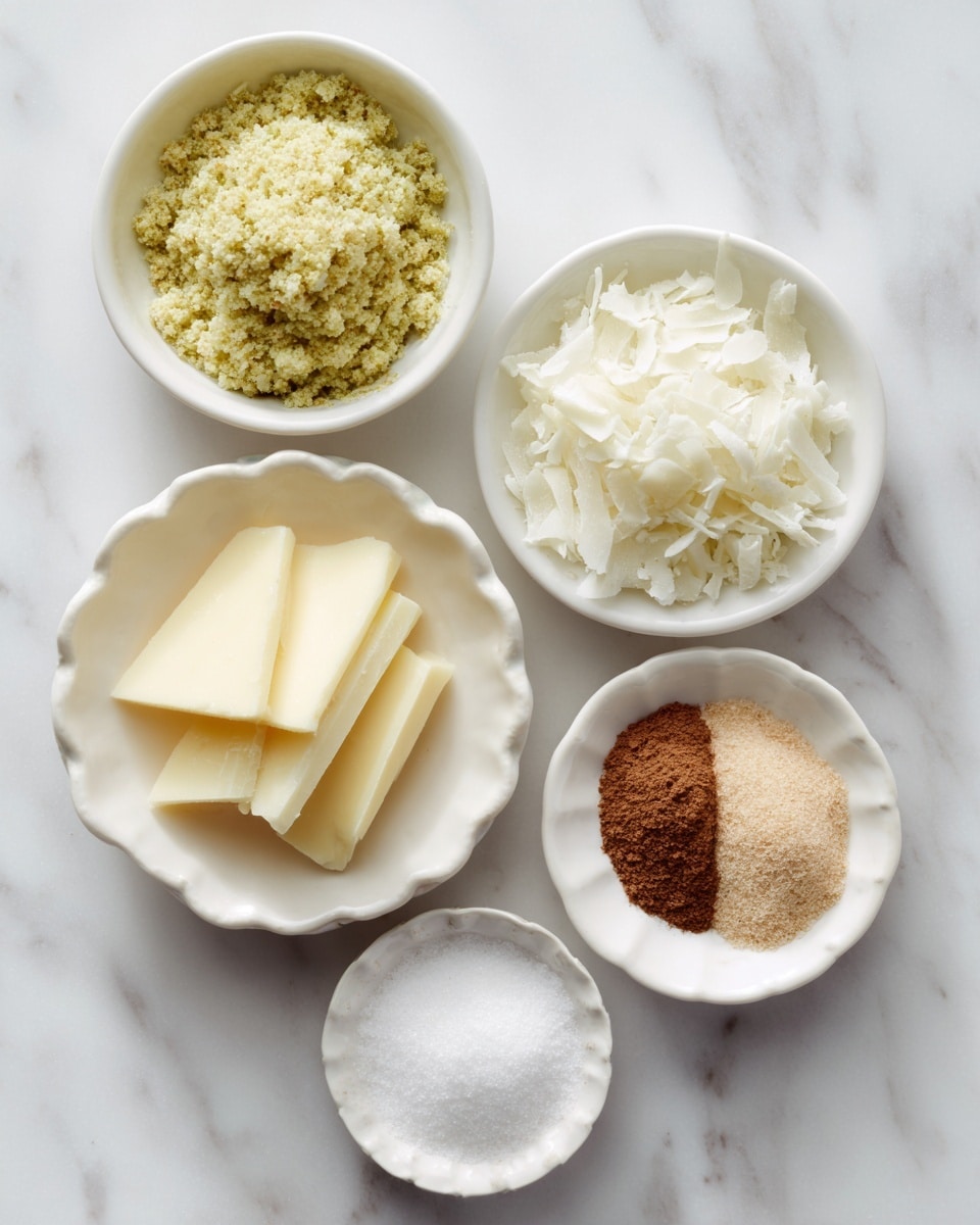Five small white bowls with different ingredients are placed on a white marbled surface. The top left bowl holds a greenish-yellow mixture with a grainy texture. The top right bowl contains white shredded pieces. Below the green bowl, a bowl has three thick, pale yellow slices stacked. Below the shredded bowl, a larger bowl is filled with white granulated sugar. Near the center, a small bowl contains two powders: one brown and one light tan, side by side. The bowls are round with slight decorative edges. Photo taken with an iphone --ar 4:5 --v 7