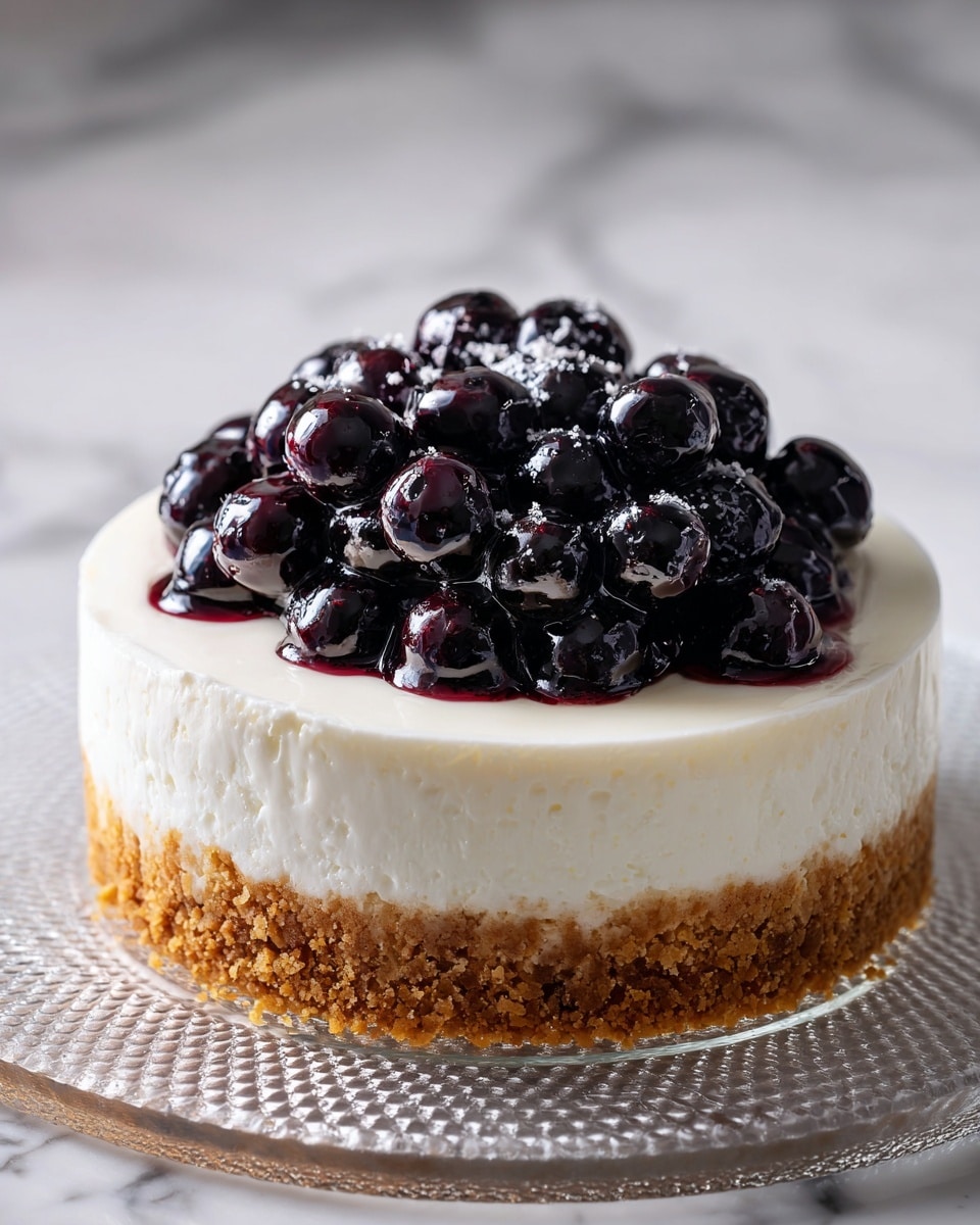 A round three-layer dessert featuring a thick crumbly golden brown crust forming the base and sides, topped with a smooth creamy white layer evenly spread inside the crust, and finished with a glossy pile of dark purple blueberries in syrup neatly centered on top. The dessert is placed on a clear textured glass plate, sitting on a white marbled surface. photo taken with an iphone --ar 4:5 --v 7