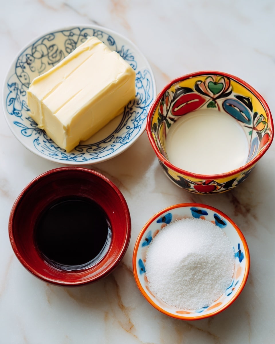 Four small bowls are placed on a white marbled surface. The top left bowl is white with blue patterns and holds a thick pale yellow block of butter. To the right, a colorful bowl with red, yellow, green, and black decorations contains a smooth, white creamy liquid. Below the butter, a small dark red bowl holds a dark brown liquid. To the right of the dark red bowl, a white bowl with blue shapes and an orange rim is filled with powdery white sugar. photo taken with an iphone --ar 4:5 --v 7