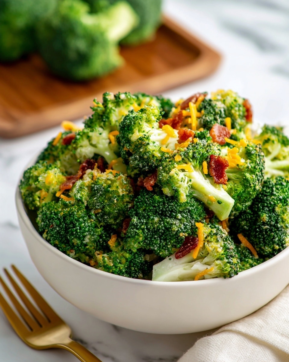 A close-up view of a white bowl filled with bright green broccoli florets mixed with small pieces of light brown bacon and thin strands of orange shredded cheddar cheese, each layer showing the fresh texture of the broccoli and the slight crispness of the bacon. In the background, more broccoli florets sit on a wooden plate, all placed on a white marbled surface, with a golden fork partially visible on the left side. The image is sharp and colorful, highlighting the fresh vegetables and ingredients. photo taken with an iphone --ar 4:5 --v 7
