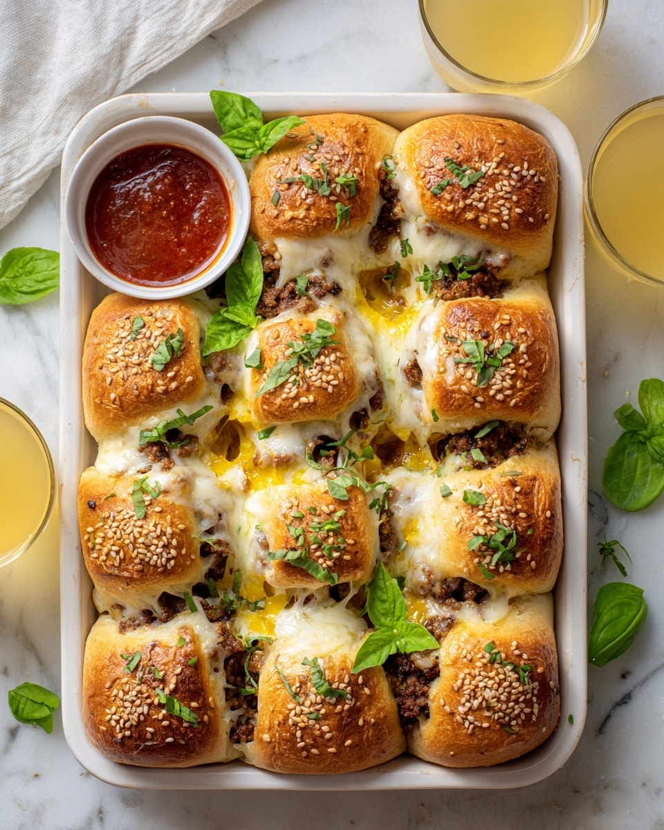 A close-up view of a cluster of nine soft golden brown slider buns sprinkled with white sesame seeds and green herbs on top, arranged in a 3x3 pattern on white parchment paper. Inside each bun is a layer of melted creamy cheese stretching between the buns, visible cooked ground meat with a dark brown color under the cheese, and green pickle slices scattered throughout. A few bright green basil leaves adorn the surface, adding a fresh touch. The sandwich cluster sits on a white marbled texture with a small round container of dark red sauce and two glasses filled with light yellow beer placed around it. photo taken with an iphone --ar 4:5 --v 7