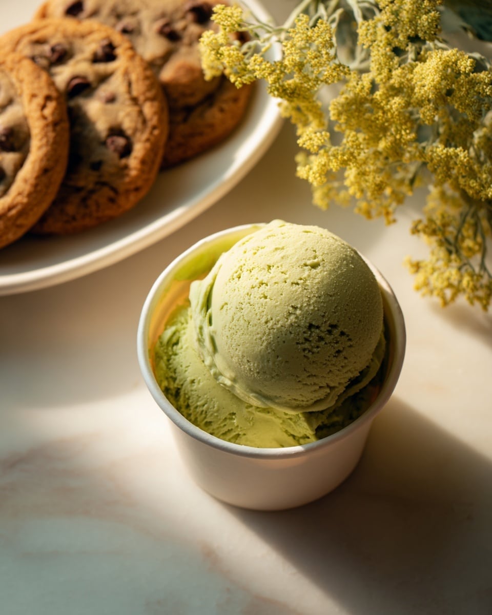 The image shows a single container of pale green pistachio gelato with a smooth, slightly cracked surface on top, placed on a white marbled surface. Behind the container, there is a small bunch of light yellow flowers softly hanging over it. To the left, part of a white plate holds several chocolate chip cookies with a rich brown color. The scene is warmly lit, creating soft shadows. Photo taken with an iphone --ar 4:5 --v 7