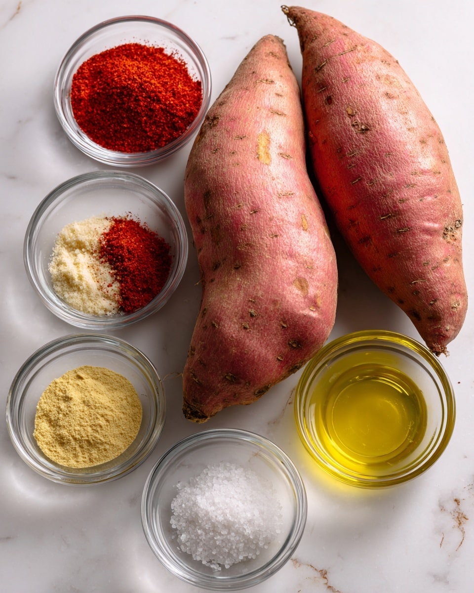 Two whole sweet potatoes with rough pinkish-brown skin lie side by side at the center on a white marbled surface. Five small round clear bowls surround the potatoes, each holding a different ingredient: bright red paprika powder on the upper left, golden-yellow oil at the top center, fine white salt on the right side, and pale yellow garlic powder at the bottom left. Each ingredient name is written in bold black text near its bowl or potato, creating a neat and clear layout. The overall image is clean and well-lit, focused on the natural colors and textures of the ingredients. photo taken with an iphone --ar 4:5 --v 7