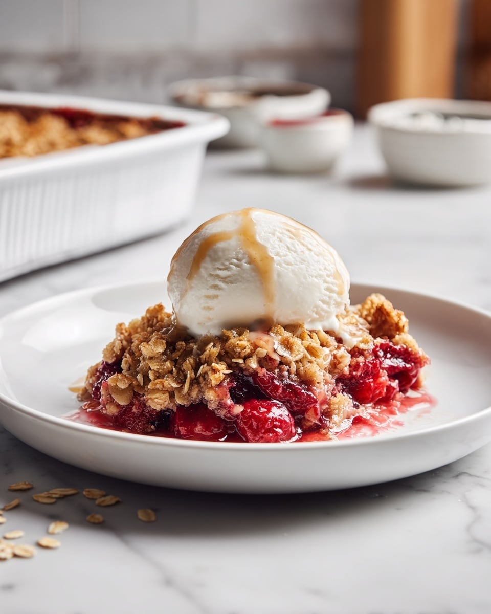 A white plate holds a serving of fruit crumble with visible bright red pieces of cooked berries mixed with a warm, golden-brown oat topping that is chunky and textured. On top of the crumble is a scoop of melting vanilla ice cream with soft white cream and a light brown syrup drizzled over it, blending into the crumble below. The plate is placed on a white marbled surface, and parts of a white baking dish and small white bowls with toppings are blurred in the background. Photo taken with an iphone --ar 4:5 --v 7