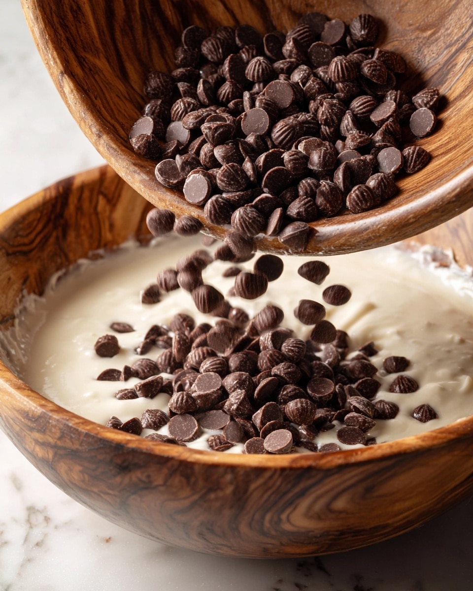 A close-up view of a wooden bowl tilted above a glass bowl containing light cream batter, with many small, round chocolate pieces in the wooden bowl falling into the batter. The chocolate pieces are dark brown and have a smooth texture with ridged sides. The light cream batter is smooth and thick, filling the glass bowl almost halfway. The background is a white marbled texture. A woman's hand can be seen holding the wooden bowl from the left side of the image photo taken with an iphone --ar 4:5 --v 7
