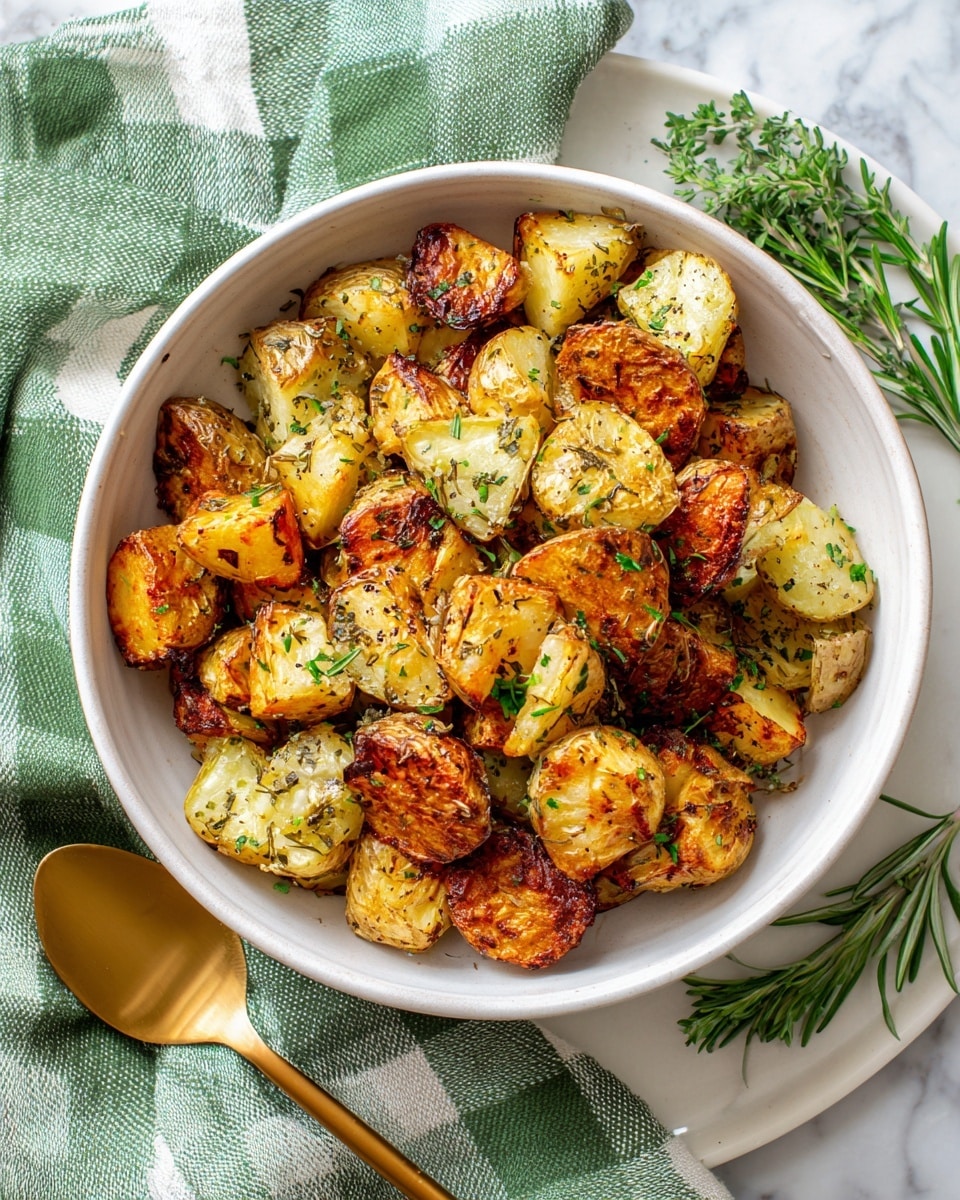 A green bowl is filled with golden brown roasted potato pieces with red skin. The potatoes are cut into uneven chunks, showing crispy, browned edges and soft, white inside. Small green herb bits are sprinkled over the potatoes. The bowl is placed on a white marble surface. Nearby, there is a gold spoon on the left side and fresh green herbs on the right side. A white and green checkered cloth is in the background. photo taken with an iphone --ar 4:5 --v 7