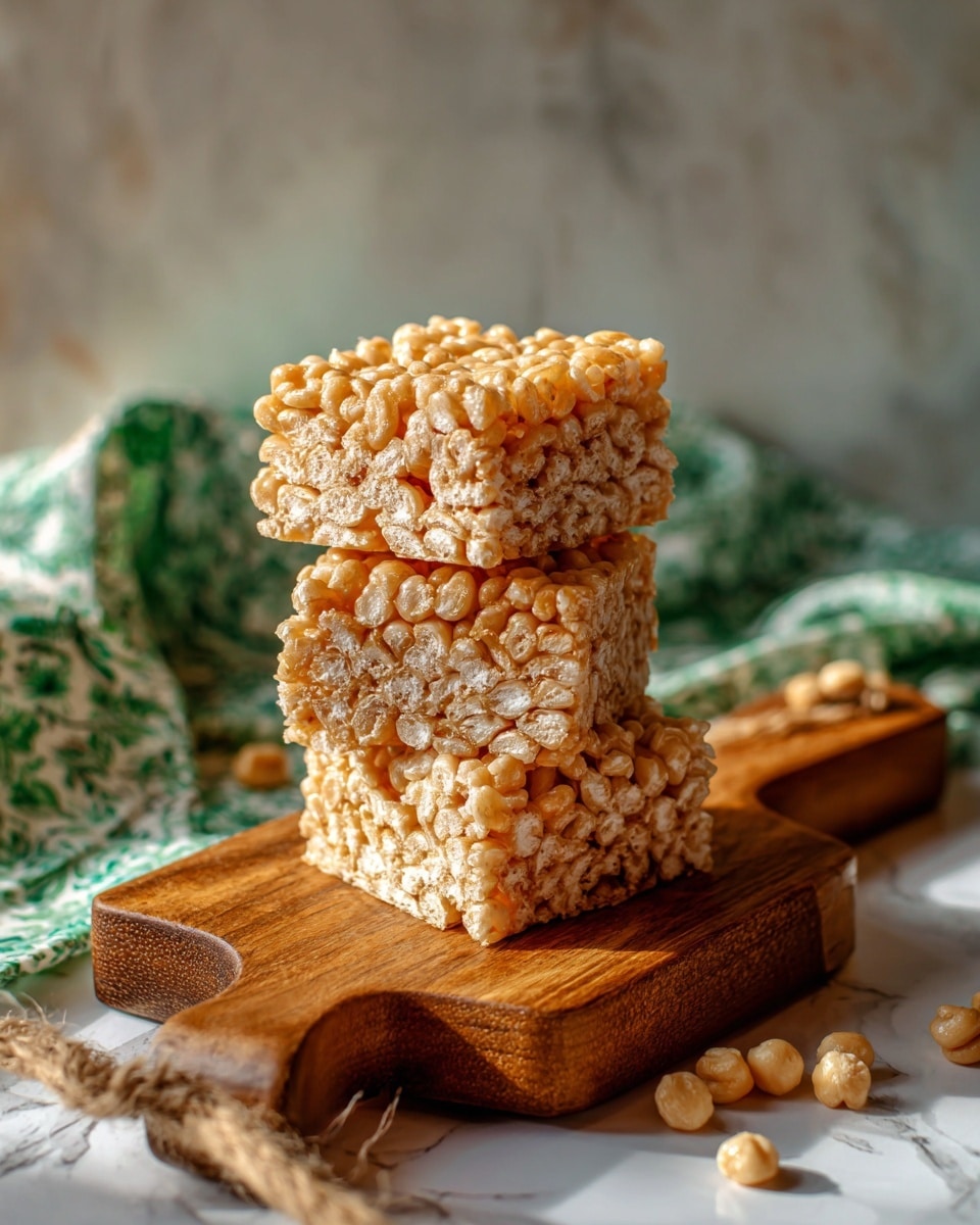 The image shows three thick, square-shaped cereal treats stacked on top of each other on a small wooden board. Each treat is light tan in color with a bumpy, crispy texture made up of puffed rice clusters bound together evenly. Small pieces of popcorn and puffed cereal are scattered around the base of the stack on a white marbled surface. The background is blurred, featuring soft tones and a hint of a green cloth. Photo taken with an iphone --ar 4:5 --v 7