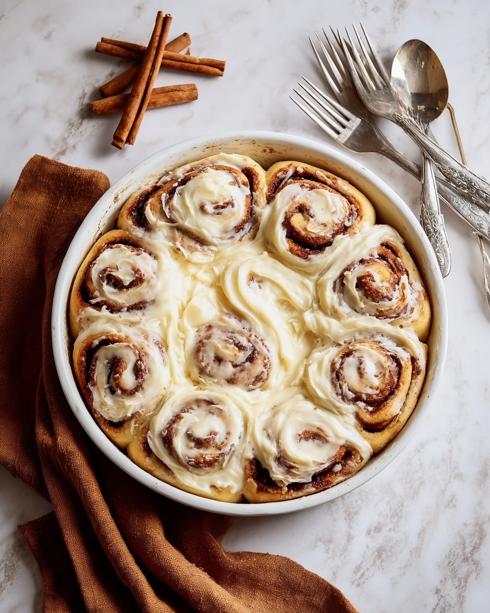 The image shows a round dish with five cinnamon rolls arranged inside, covered by a thick layer of smooth, creamy white icing. The cinnamon rolls have a golden brown color peeking through under the icing, which is spread unevenly, revealing the swirled dough corners. The dish is white and round with ridged edges. The background is a white marbled surface with three cinnamon sticks placed on the top left and a beige napkin on the bottom left. To the right side, there is a shiny silver serving spatula with a cut-out pattern and a small silver fork. Photo taken with an iphone --ar 4:5 --v 7